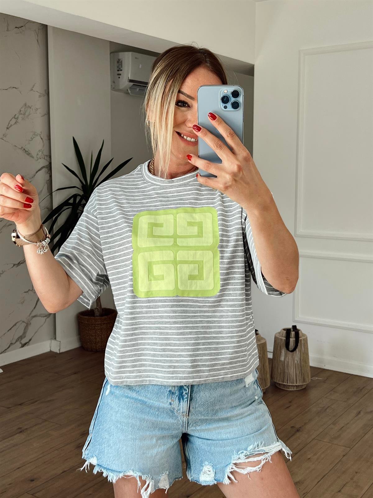 Çizgili Ön Baskılı Tshirt GRİ