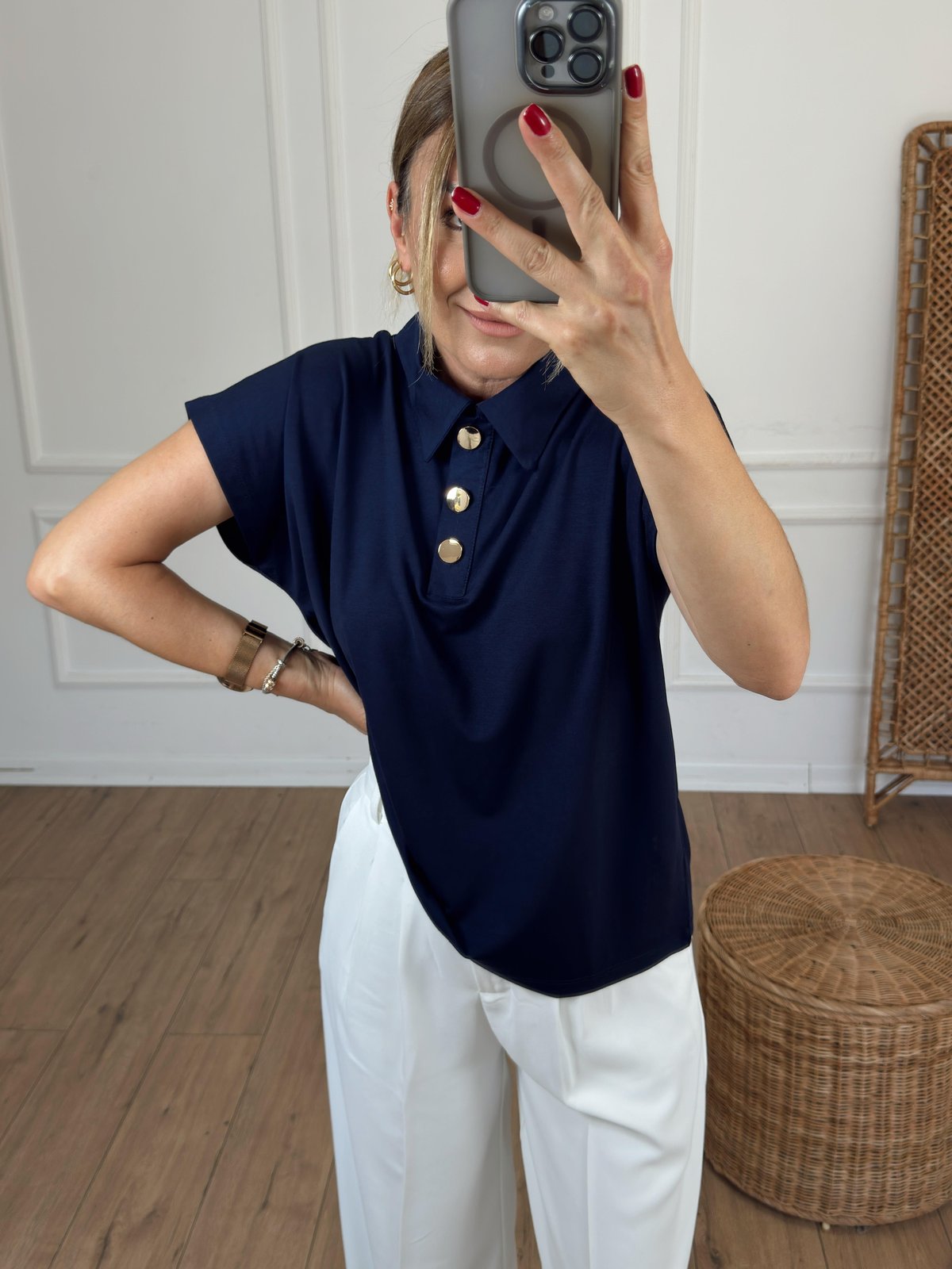 Düğme Detaylı Kısa Kol Tshirt LACİVERT