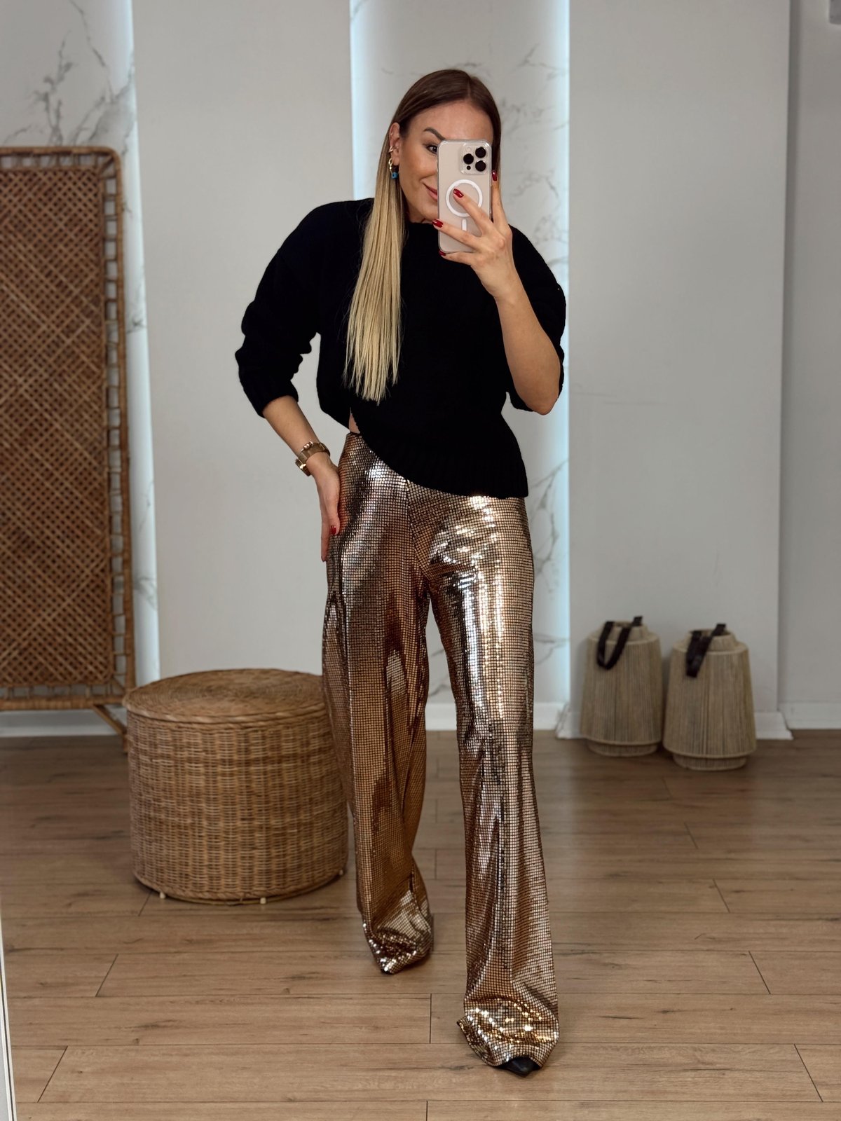 Geniş Paça Pullu Parlak Pantolon GOLD