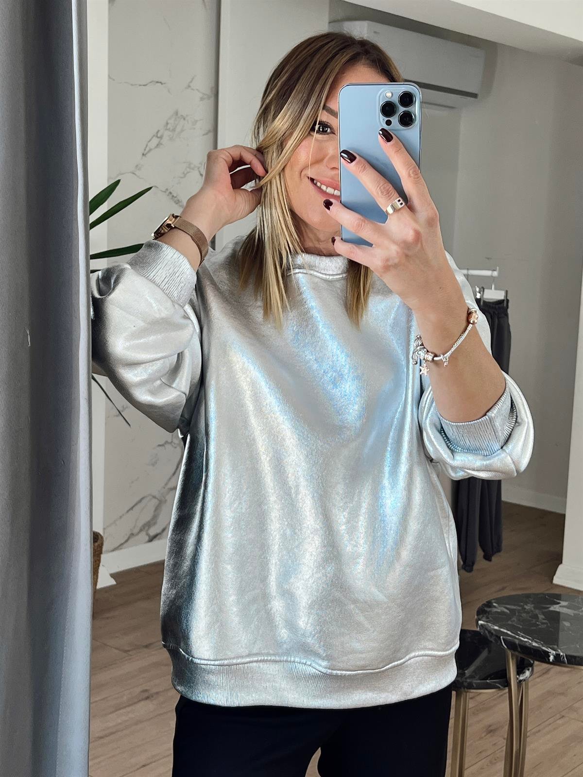 Gümüş Bisiklet Yaka Varaklı Sweat GÜMÜŞ