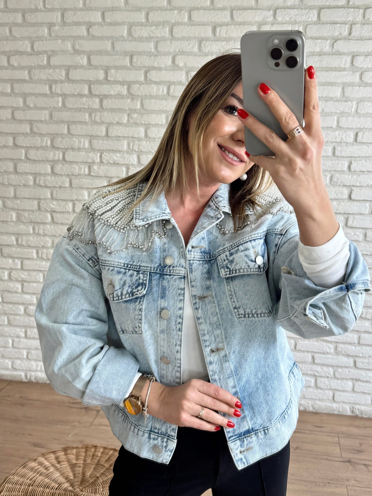 İncili Tasarım Kot Ceket BUZ MAVİSİ