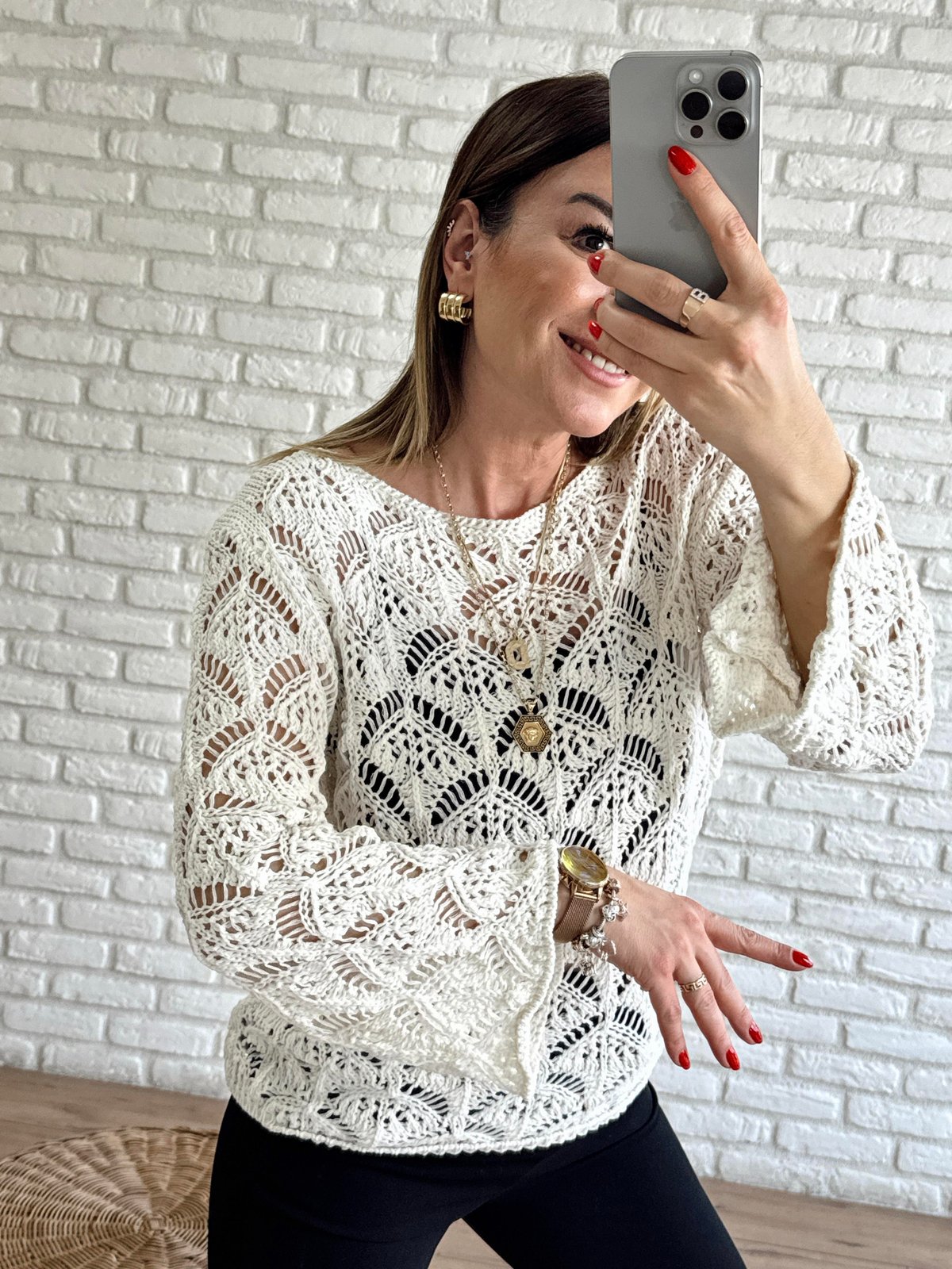 İstiridye Kabuğu Desenli Delikli Triko EKRU