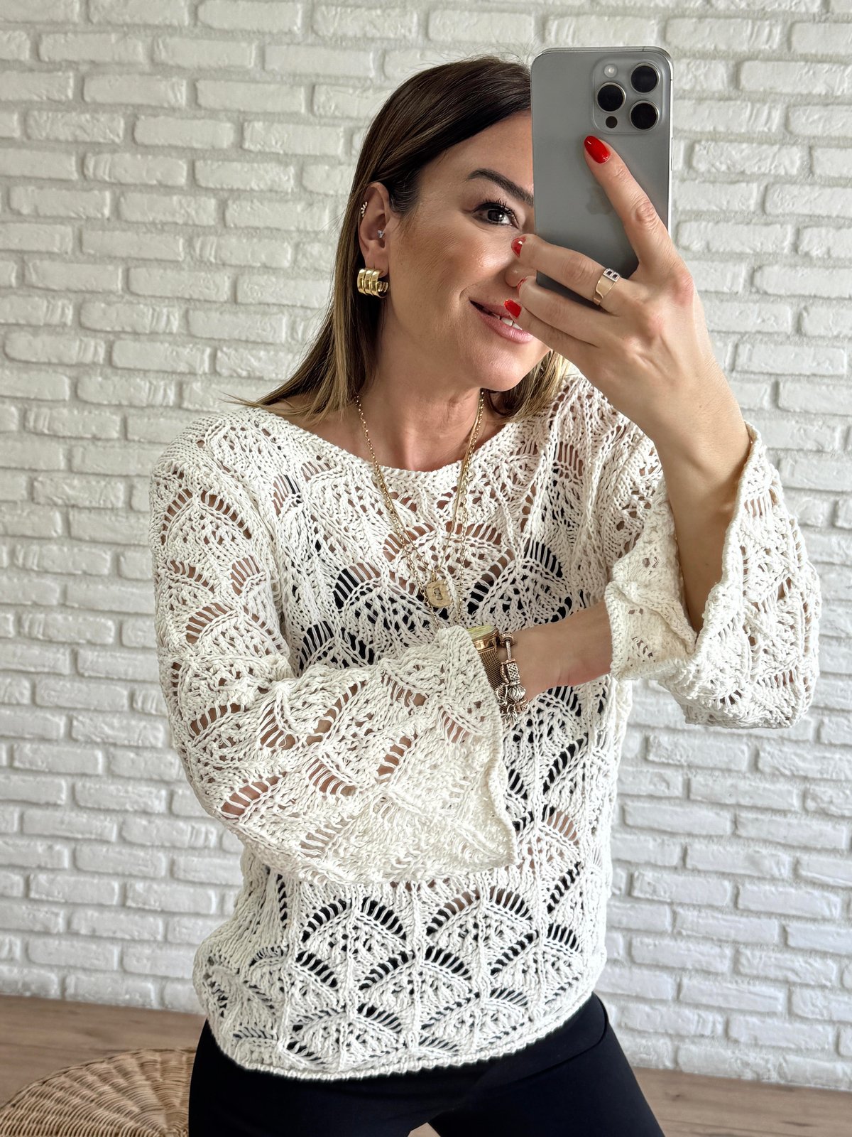 İstiridye Kabuğu Desenli Delikli Triko EKRU