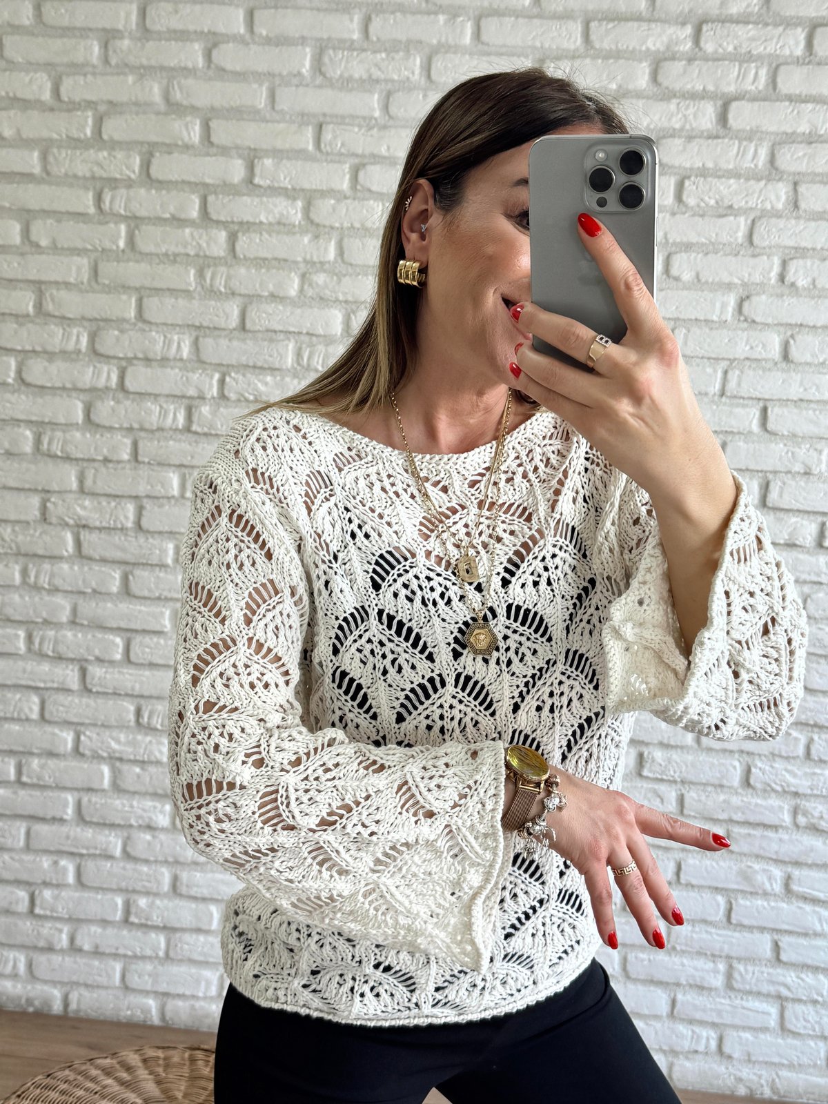 İstiridye Kabuğu Desenli Delikli Triko EKRU