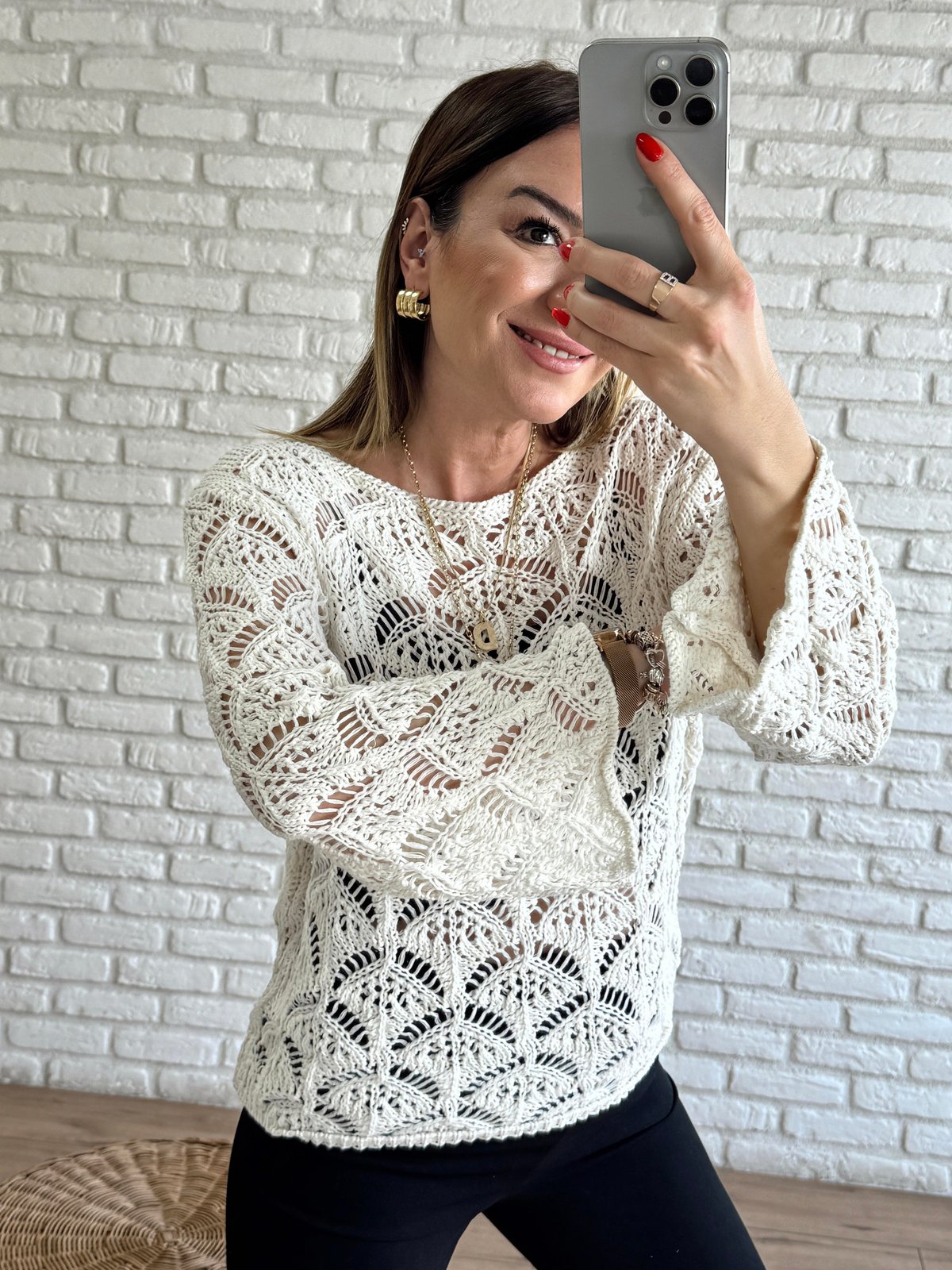 İstiridye Kabuğu Desenli Delikli Triko EKRU