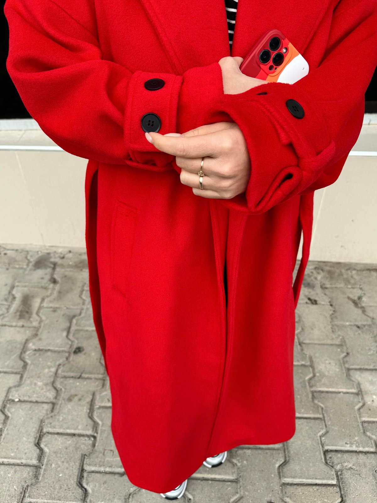 Kolları Düğme Detaylı Ceket Yaka Kaşe Kaban KIRMIZI