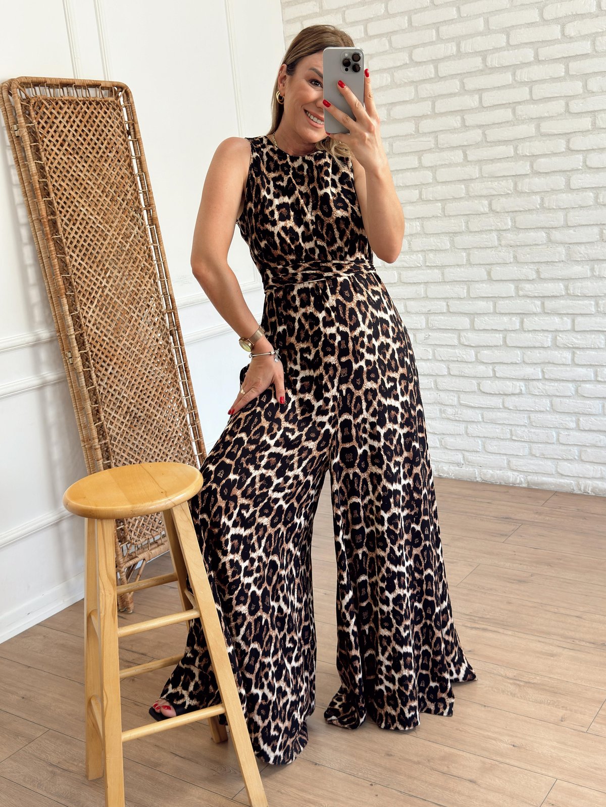 Kuşak Detaylı Geniş Paça Tulum KAHVE