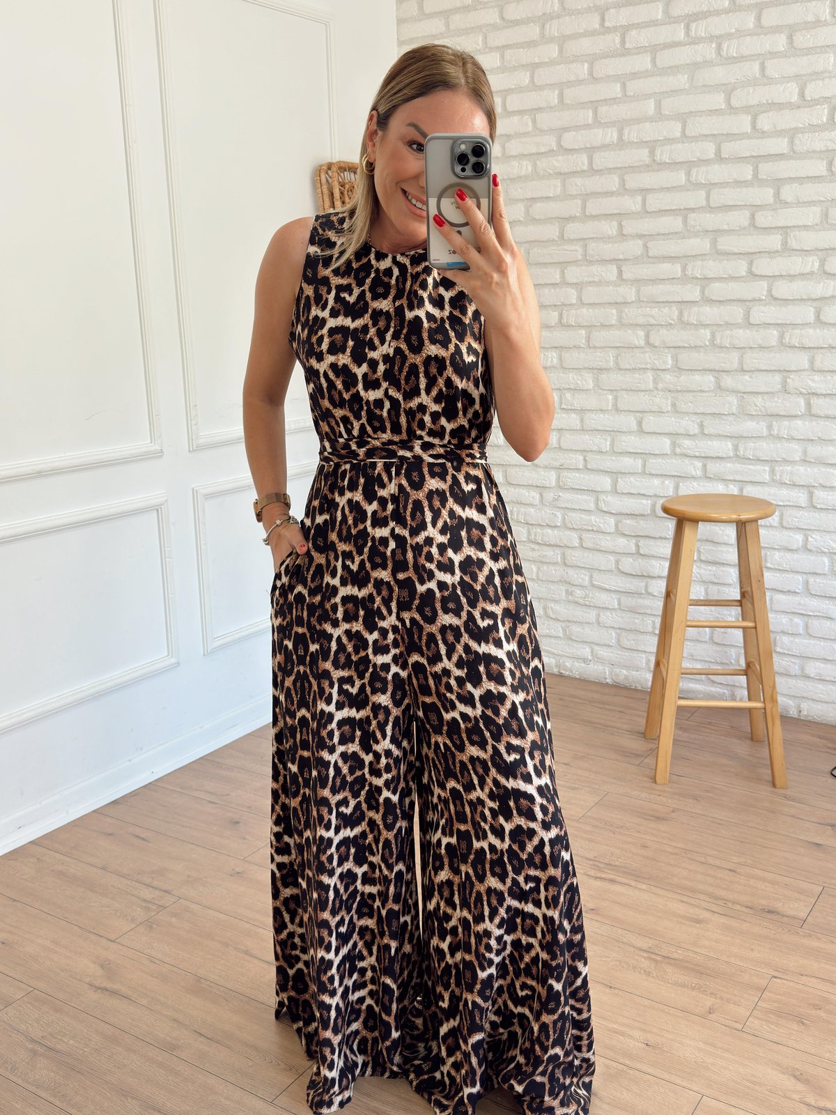 Kuşak Detaylı Geniş Paça Tulum KAHVE