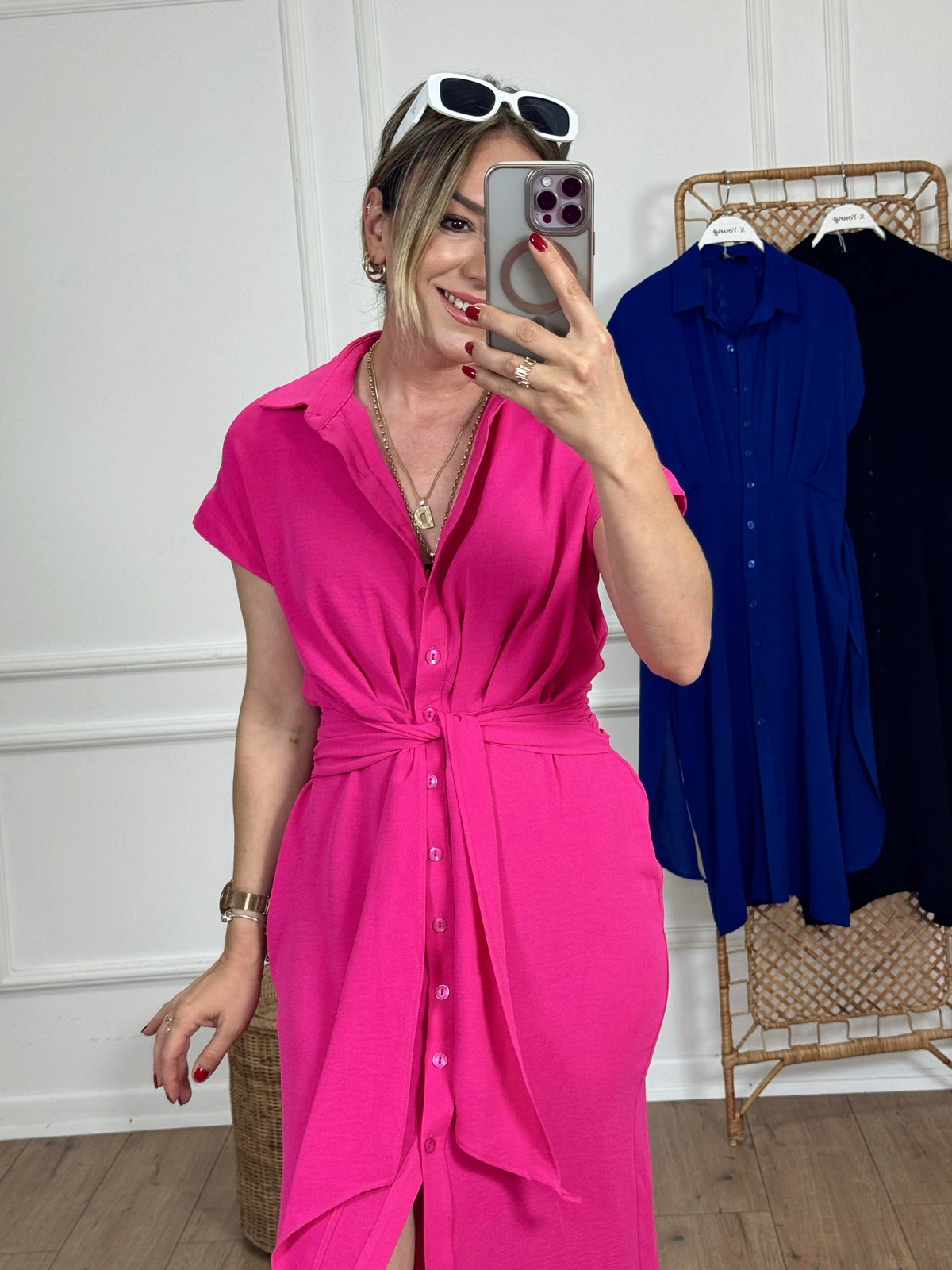 Kuşak Detaylı Gömlek Elbise FUSYA