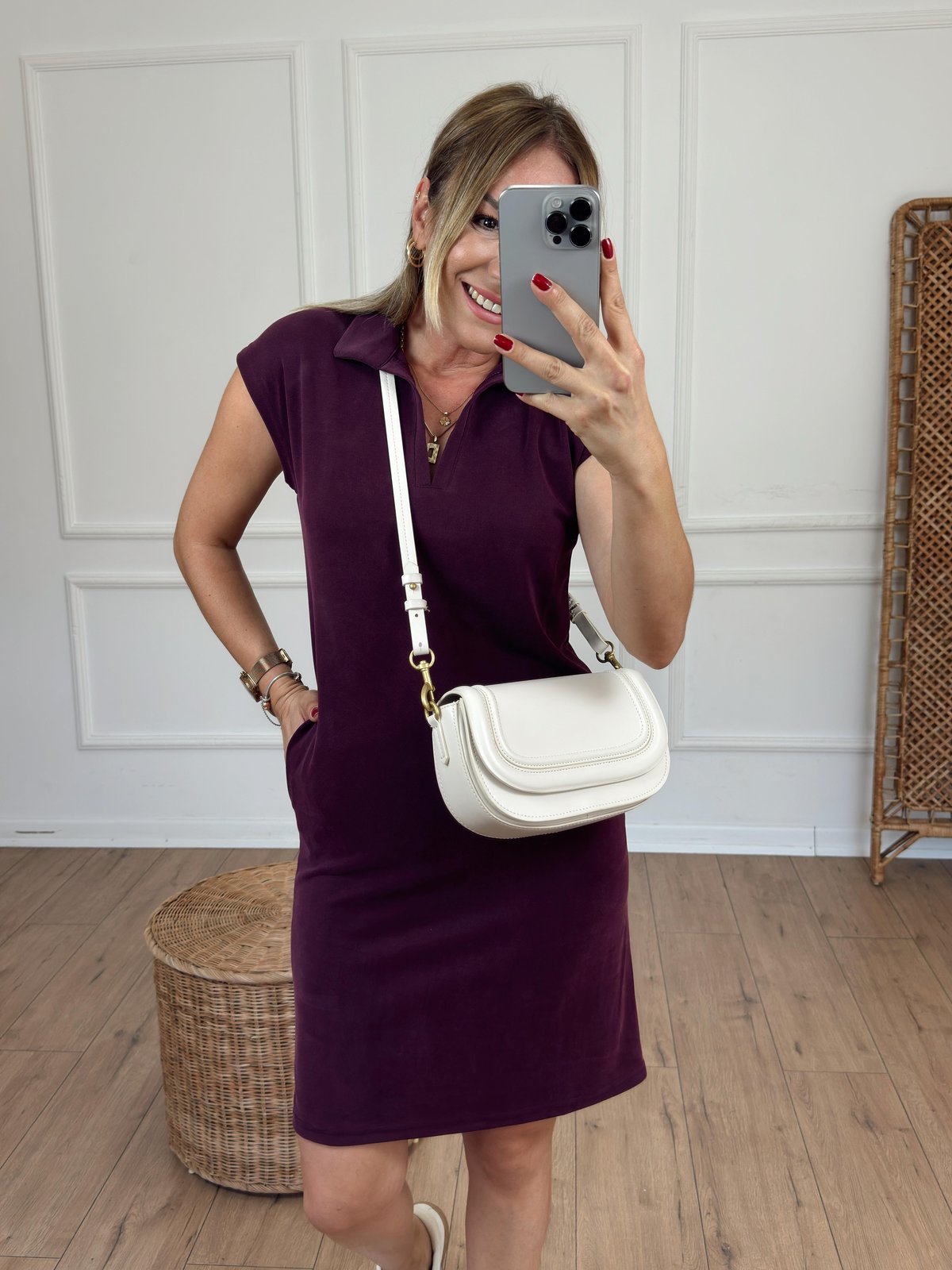 Modal Kumaş Polo Yaka Cep Detaylı Elbise BORDO