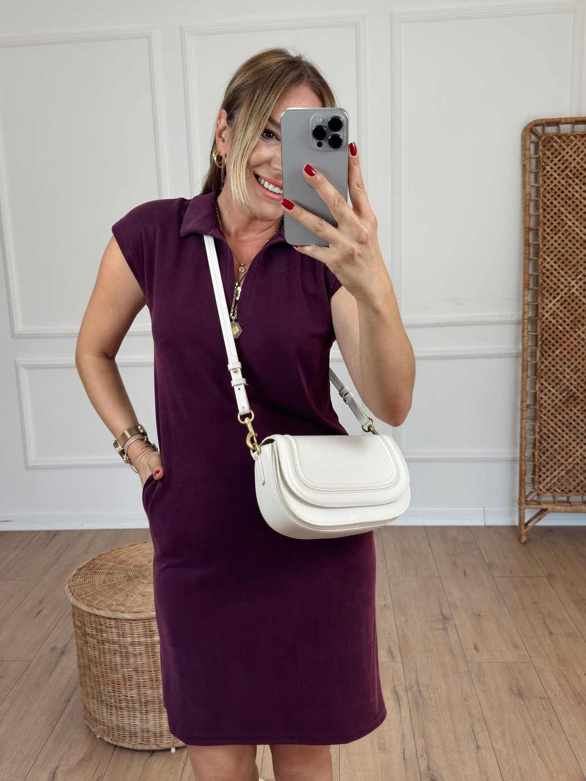 Modal Kumaş Polo Yaka Cep Detaylı Elbise BORDO