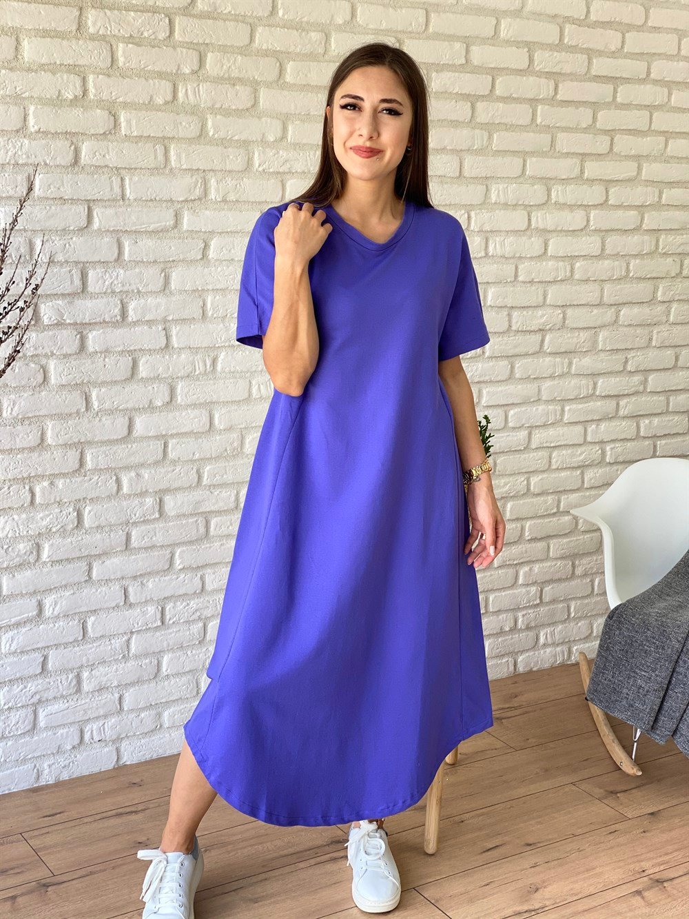 Mor Kısa Kollu Penye Elbise