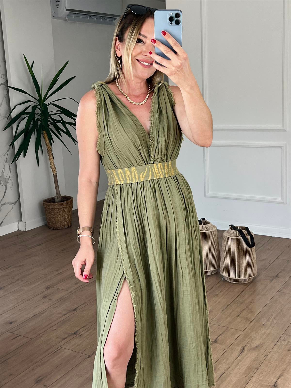 Müslin Helen Model Elbise HAKİ