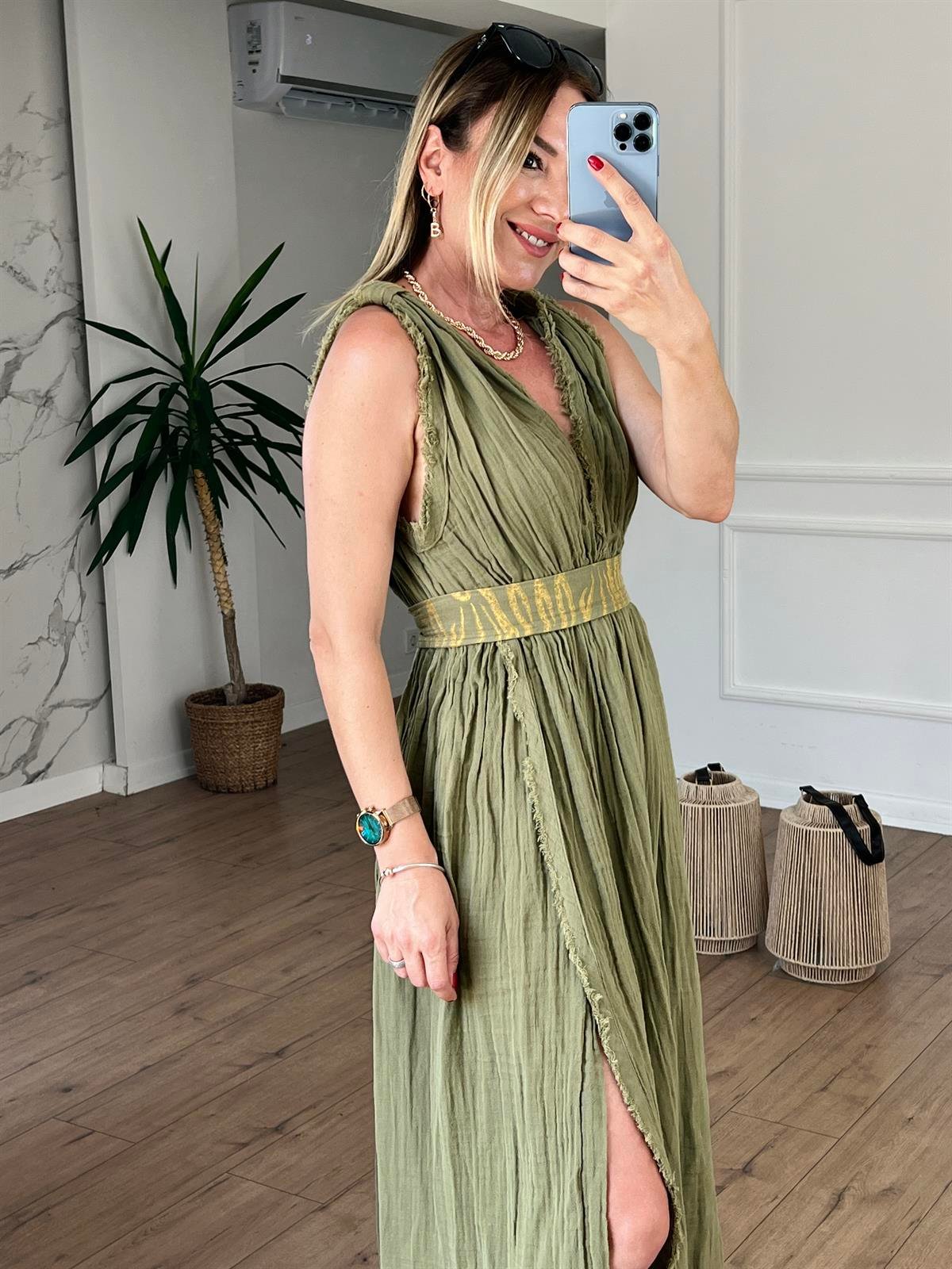 Müslin Helen Model Elbise HAKİ