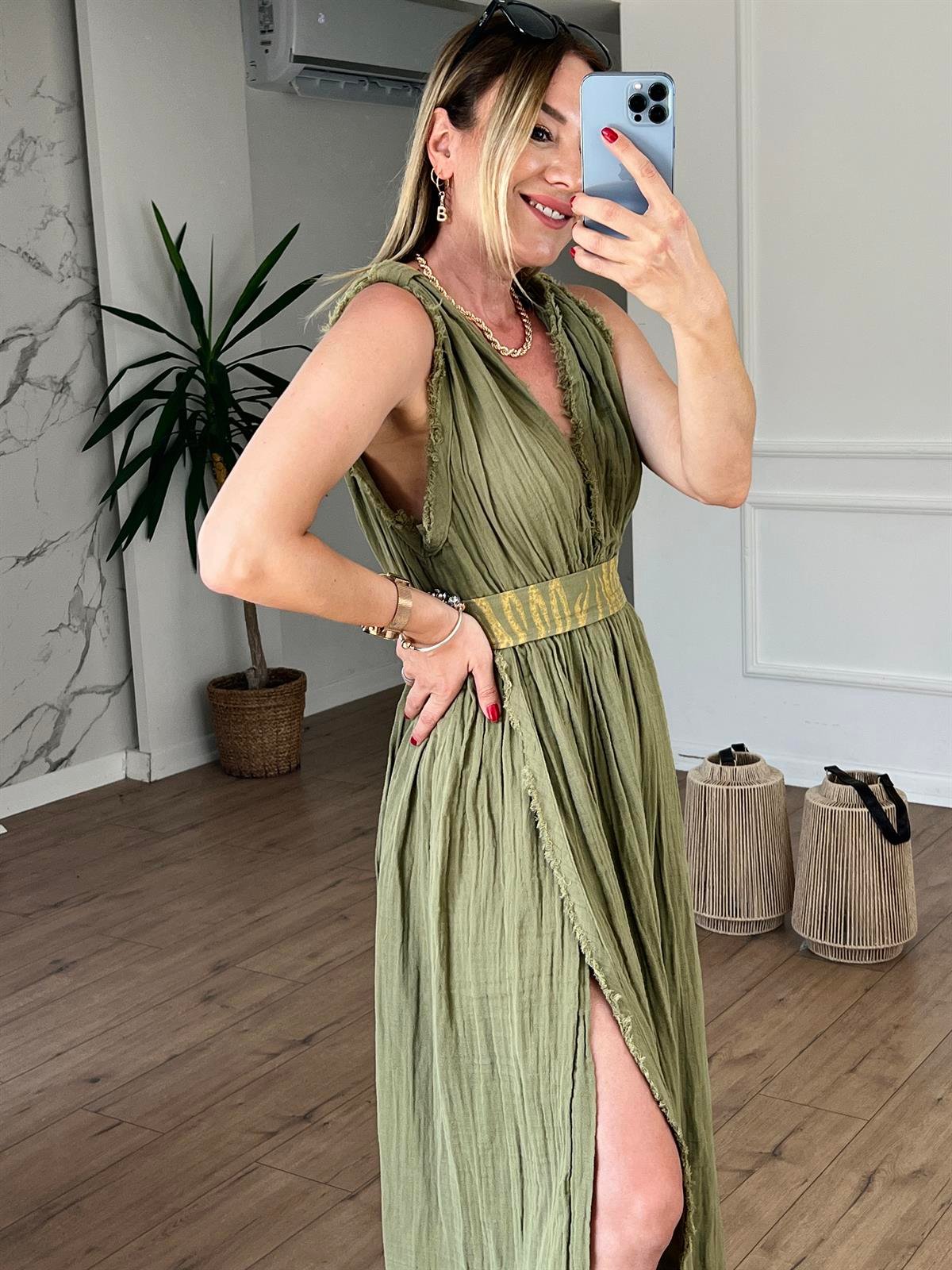 Müslin Helen Model Elbise HAKİ