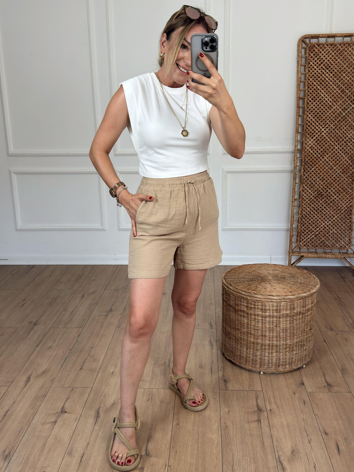 Müslin Kumaş Beli Bağcıklı Şort CAMEL