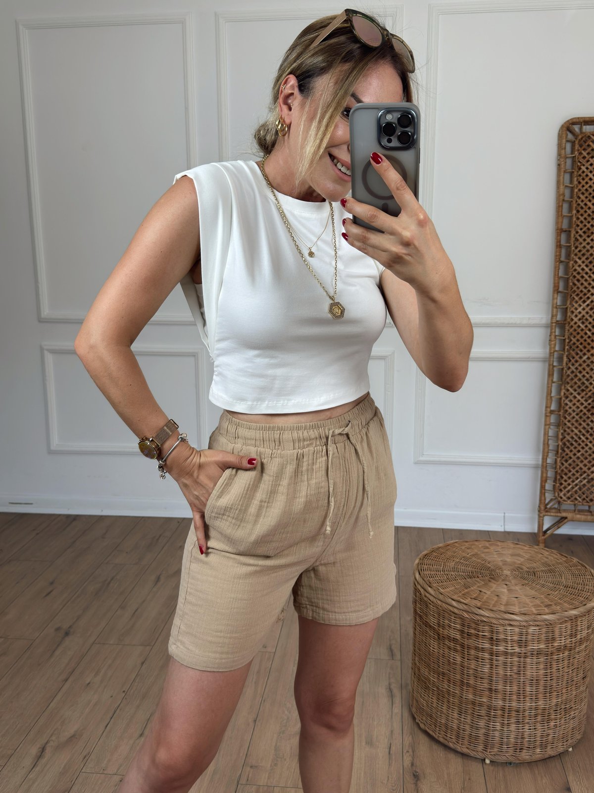 Müslin Kumaş Beli Bağcıklı Şort CAMEL