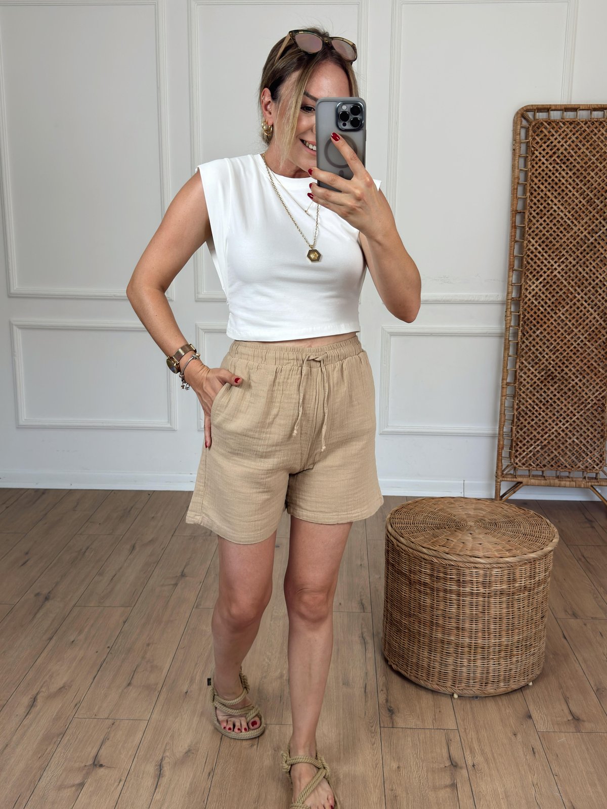 Müslin Kumaş Beli Bağcıklı Şort CAMEL