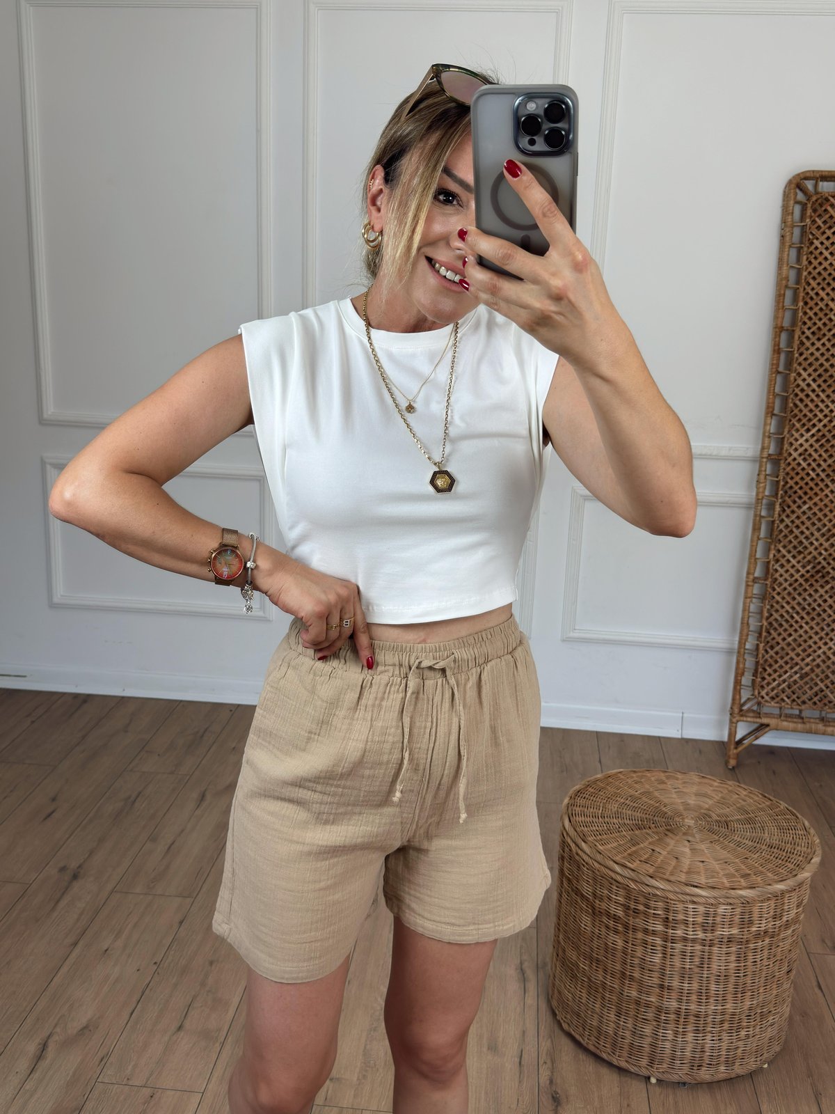 Müslin Kumaş Beli Bağcıklı Şort CAMEL