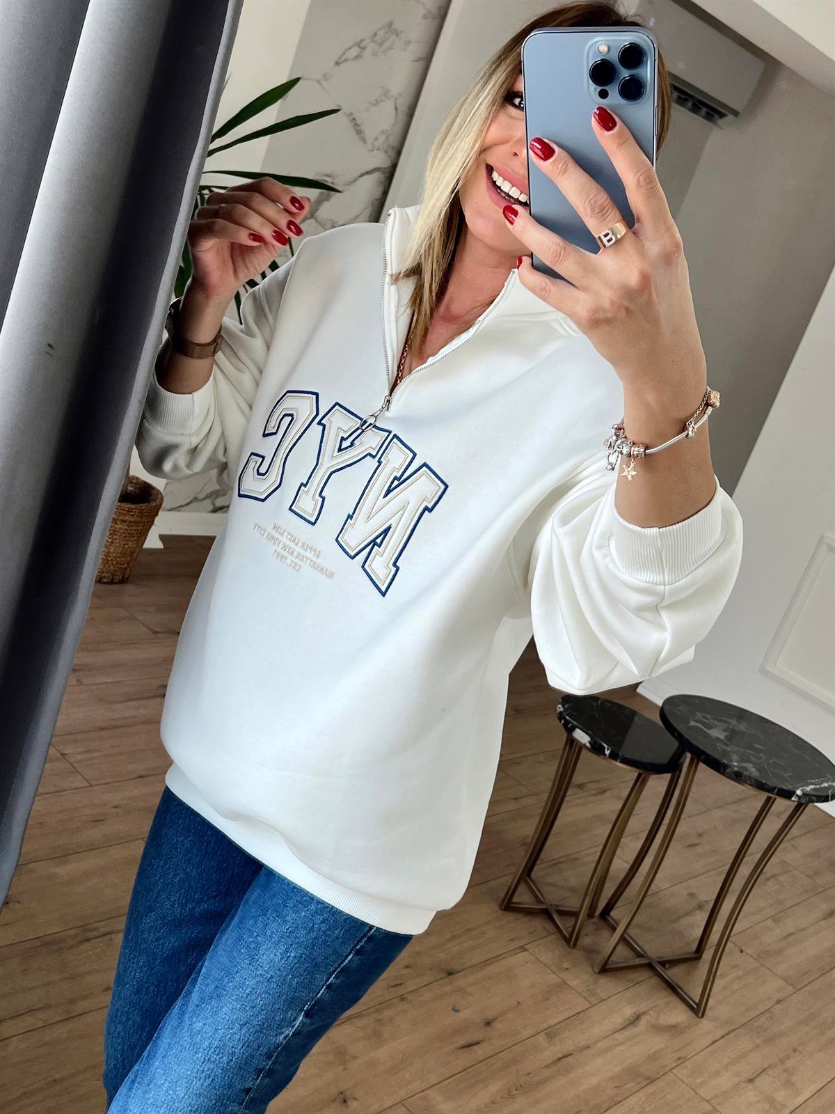 Nakışlı Fermuar Detaylı Sweat EKRU