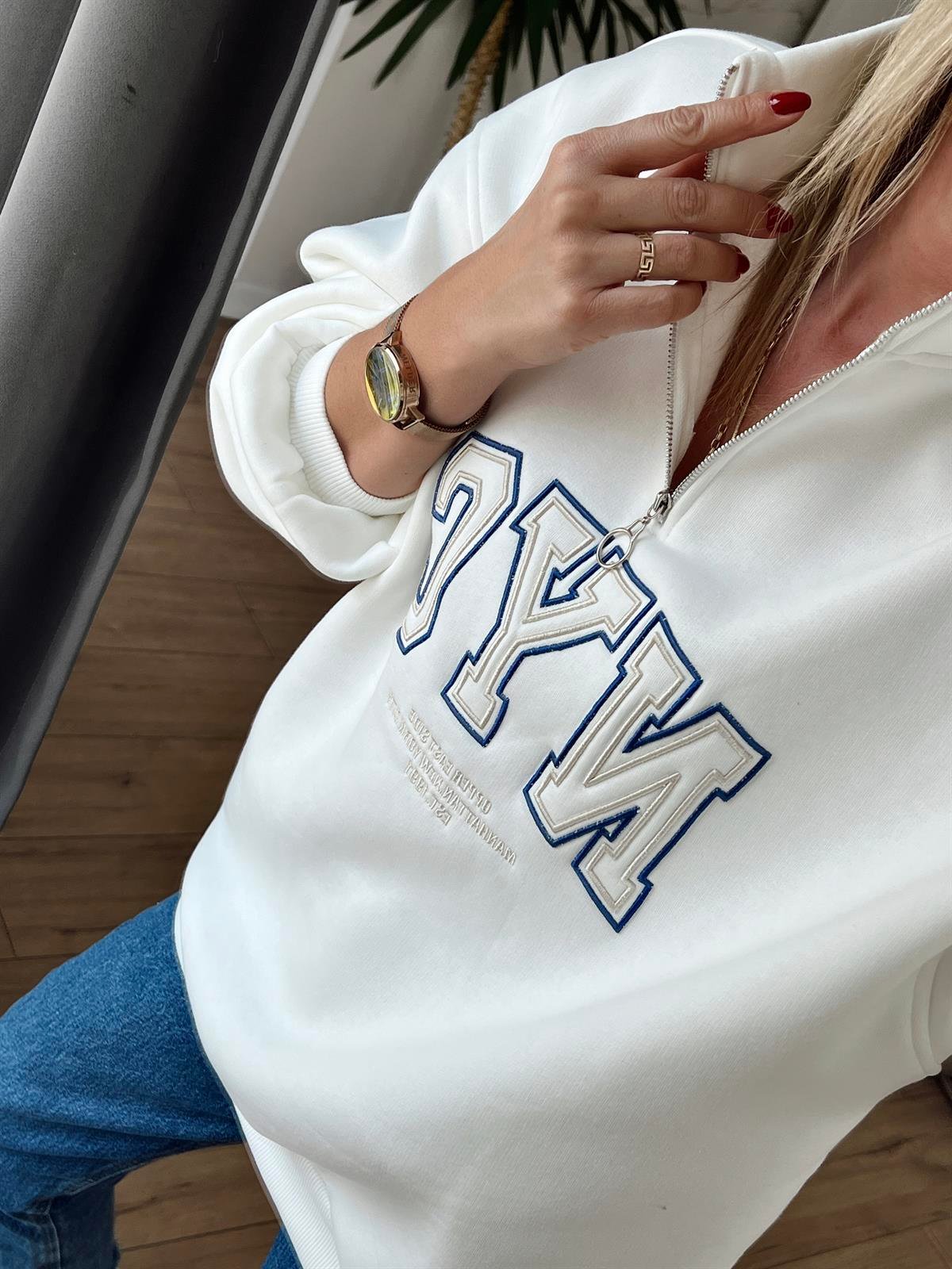 Nakışlı Fermuar Detaylı Sweat EKRU