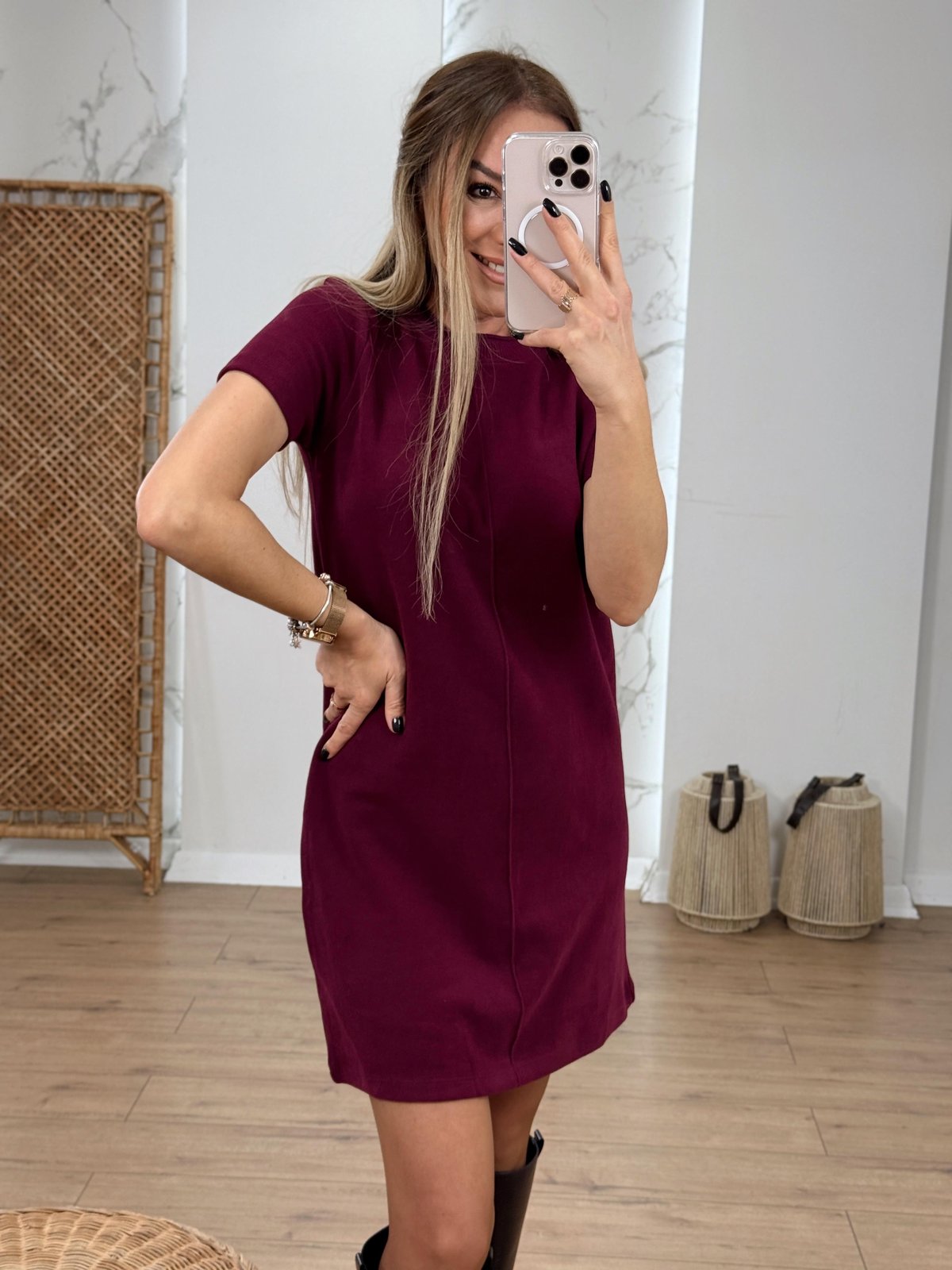Önü Cimalı Yumoş Elbise BORDO