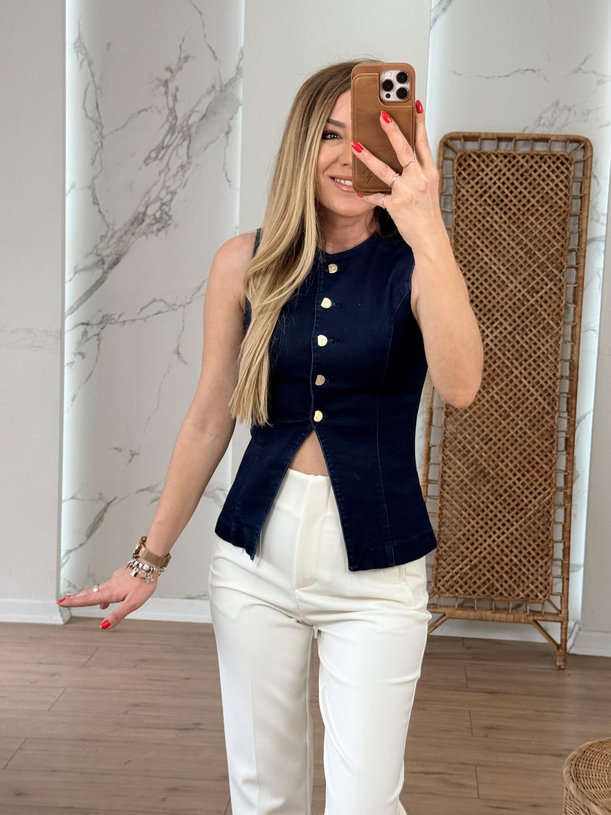 Önü Düğmeli Tasarım Jean Yelek LACİVERT