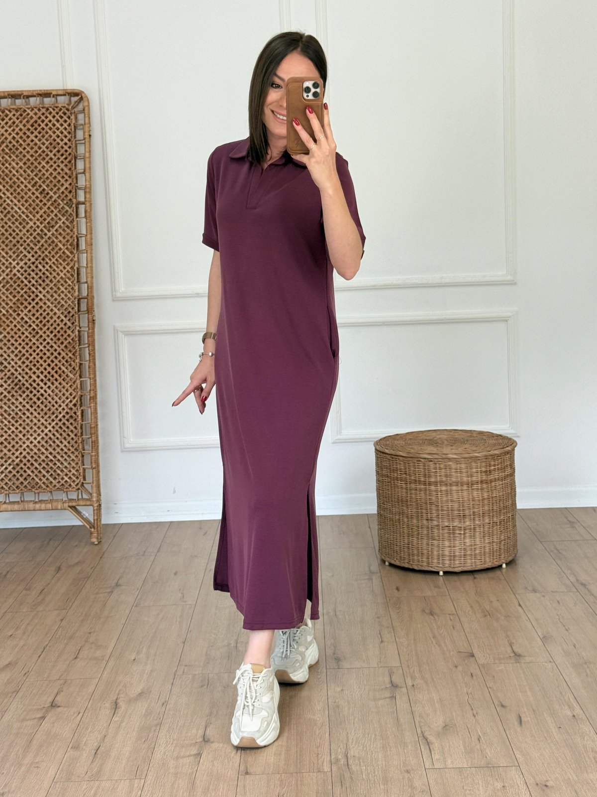 Polo Yaka Cep Detaylı Modal Elbise BORDO