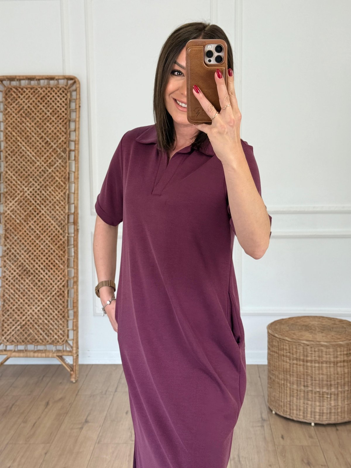 Polo Yaka Cep Detaylı Modal Elbise BORDO