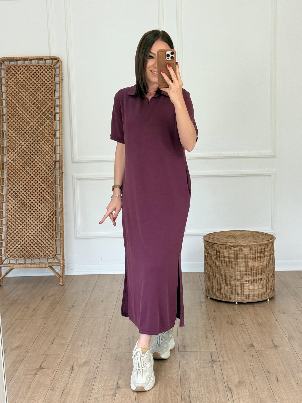 Polo Yaka Cep Detaylı Modal Elbise BORDO