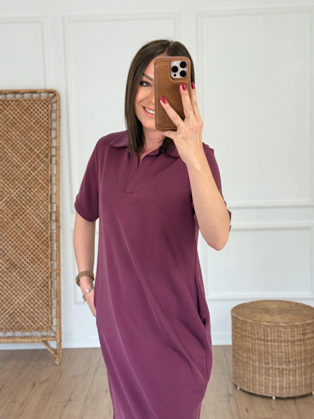 Polo Yaka Cep Detaylı Modal Elbise BORDO