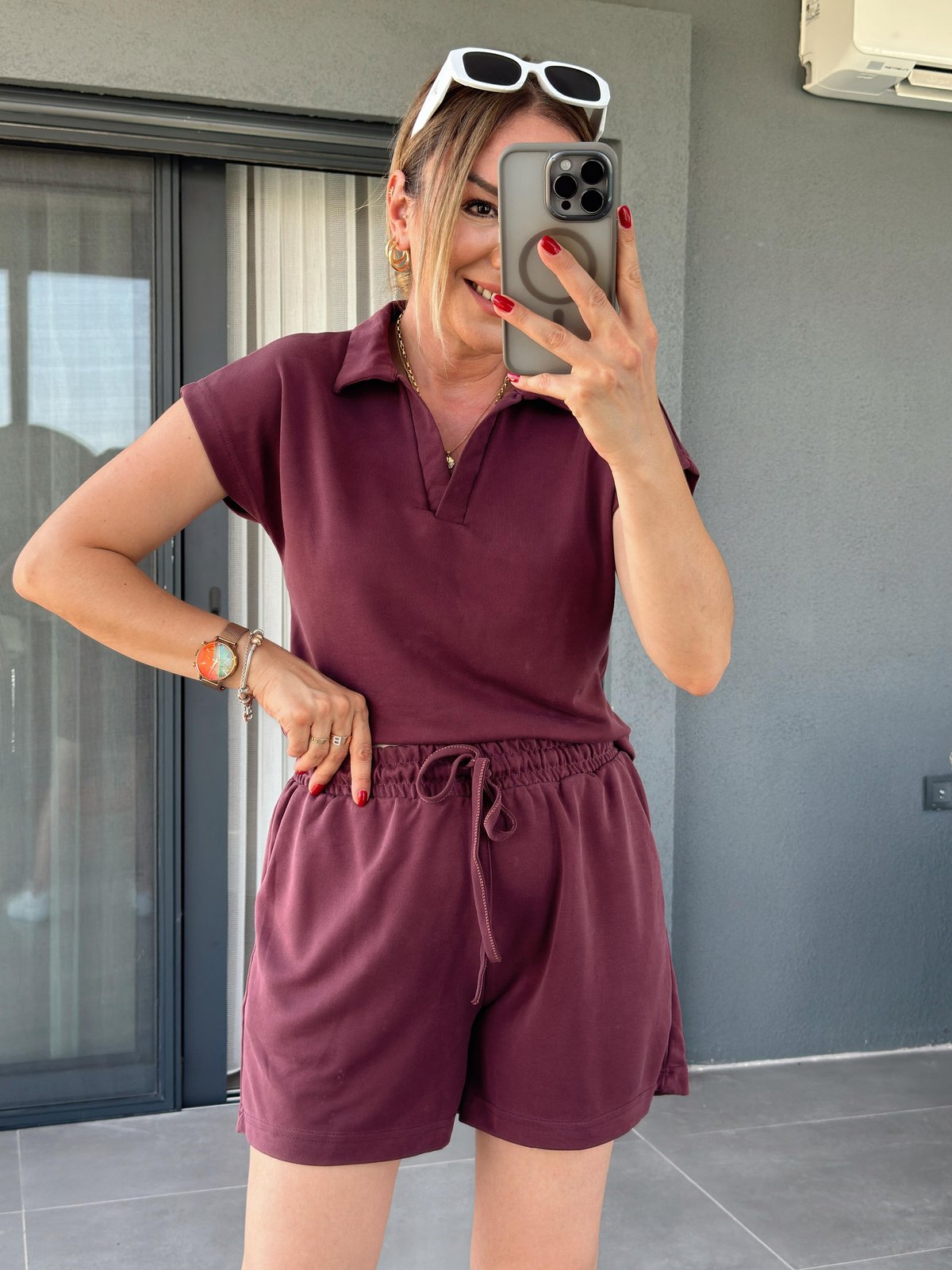 Polo Yaka İkili Şort Modal Takım BORDO