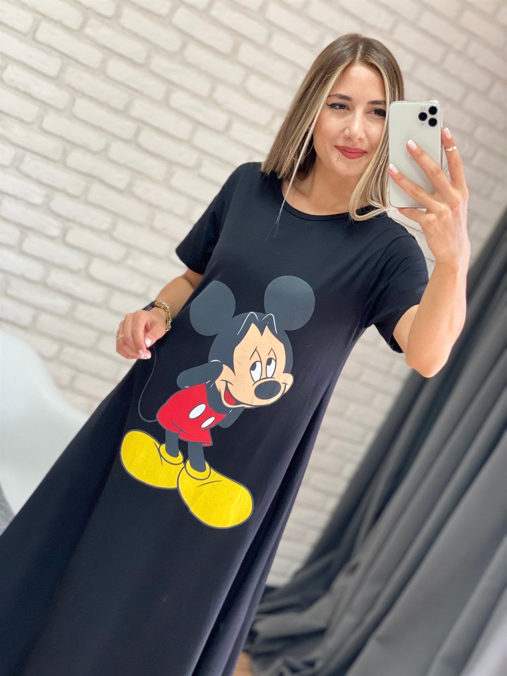 Siyah Mickey Baskılı Elbise