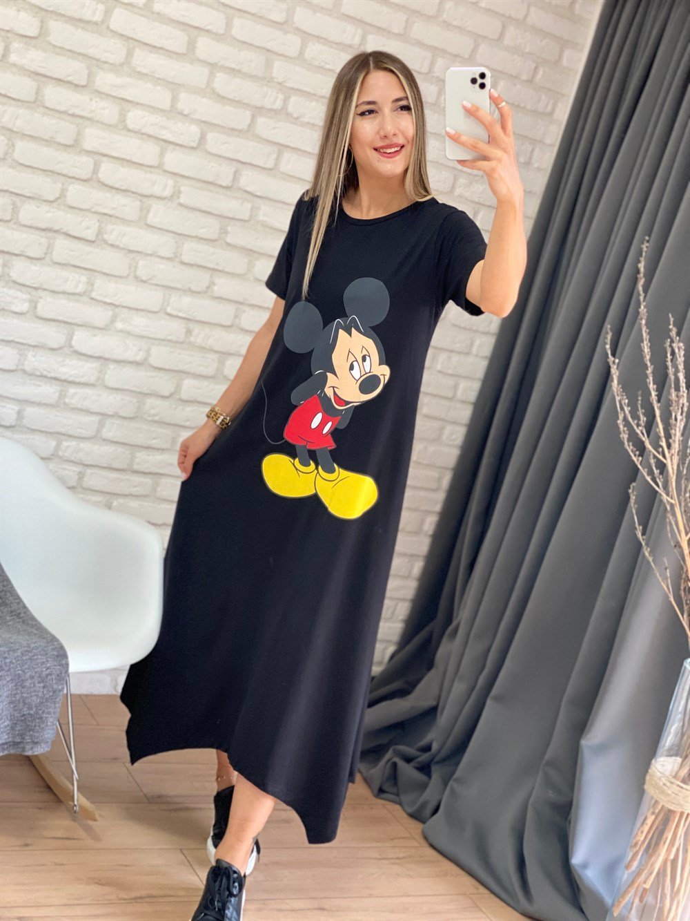 Siyah Mickey Baskılı Elbise