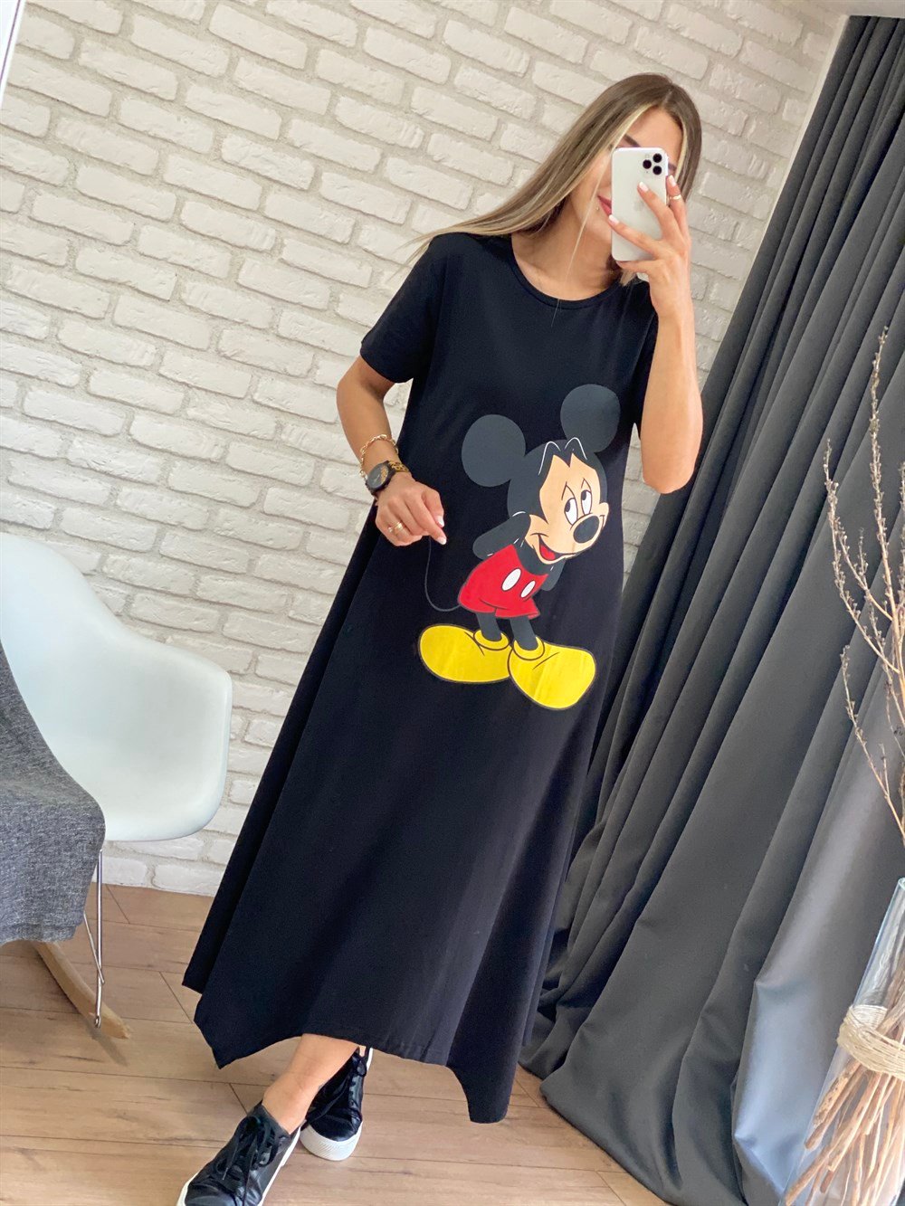 Siyah Mickey Baskılı Elbise