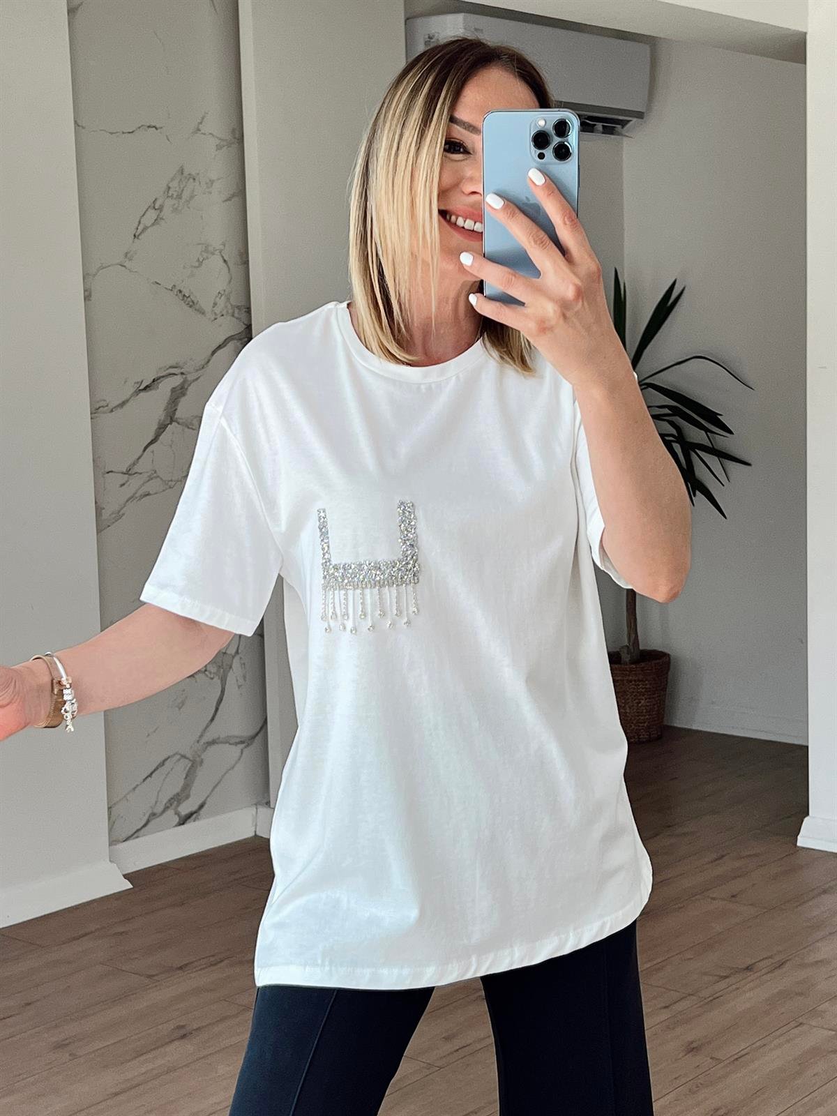 Taşlı Cep Detaylı Tshirt EKRU