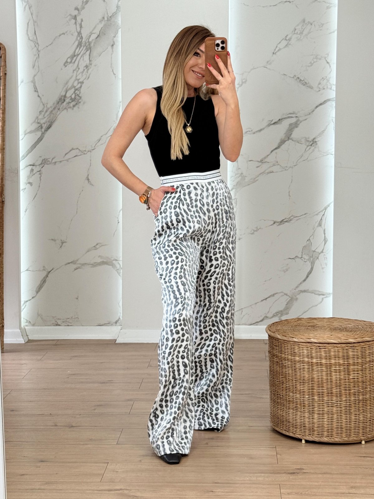 Yandan Fermuarlı Leopar Desen Pantolon EKRU