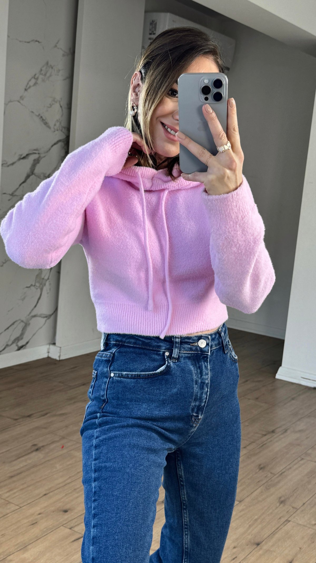 Yumuşak Dokulu Kapüşonlu Crop Kazak PEMBE