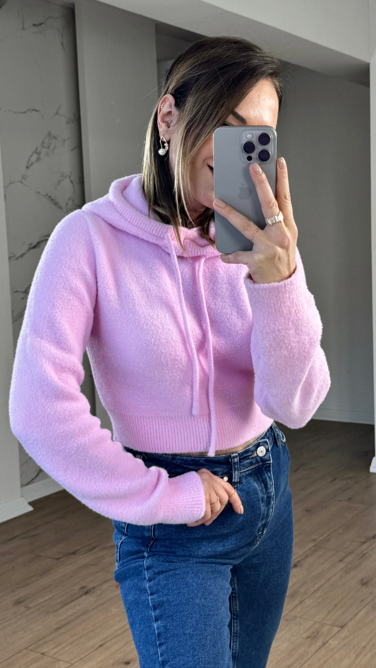 Yumuşak Dokulu Kapüşonlu Crop Kazak PEMBE
