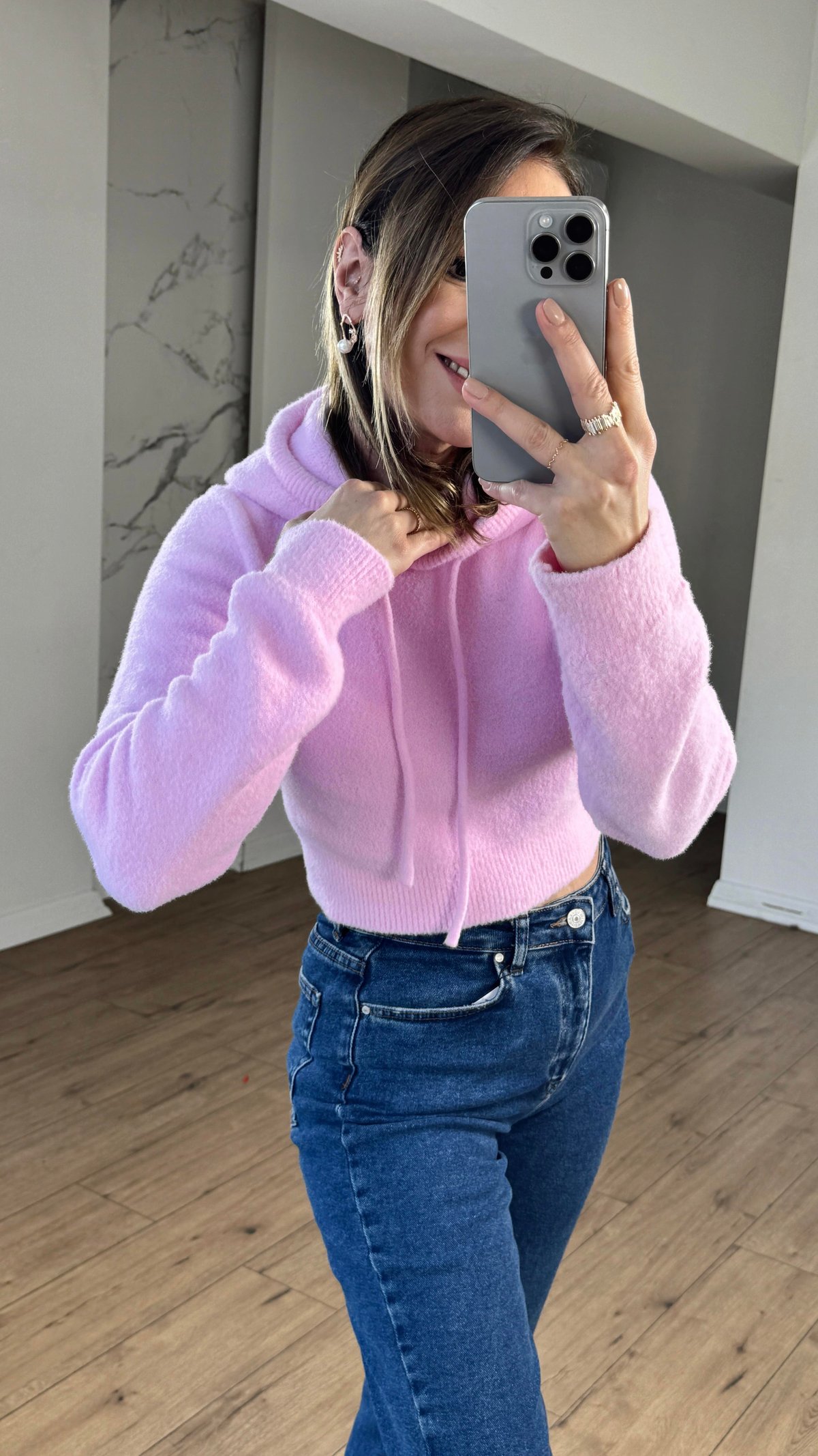 Yumuşak Dokulu Kapüşonlu Crop Kazak PEMBE