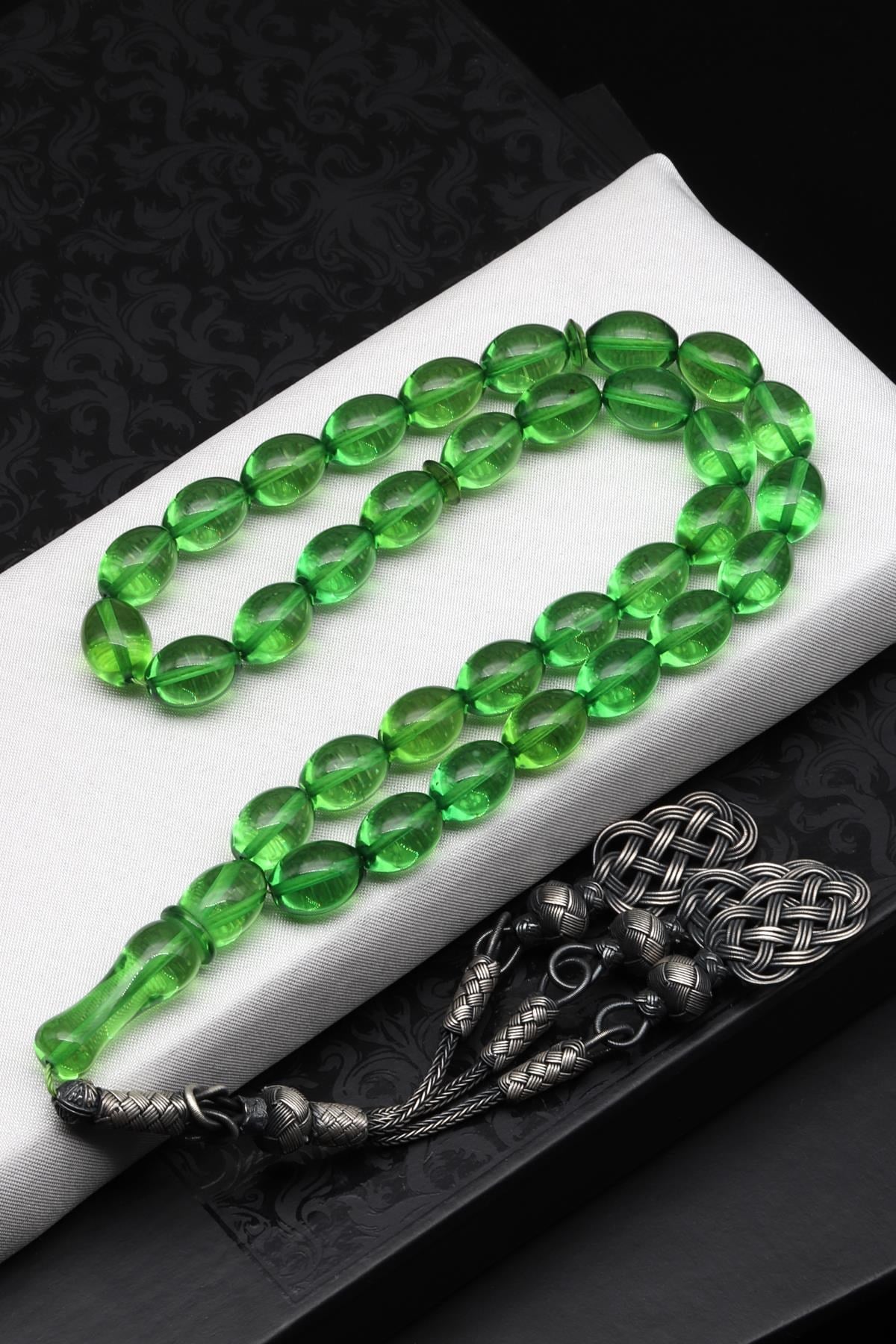 1000 Ayar Gümüş El Örmesi Kazaz Püsküllü 8 x 11 mm Kehribar Tesbih