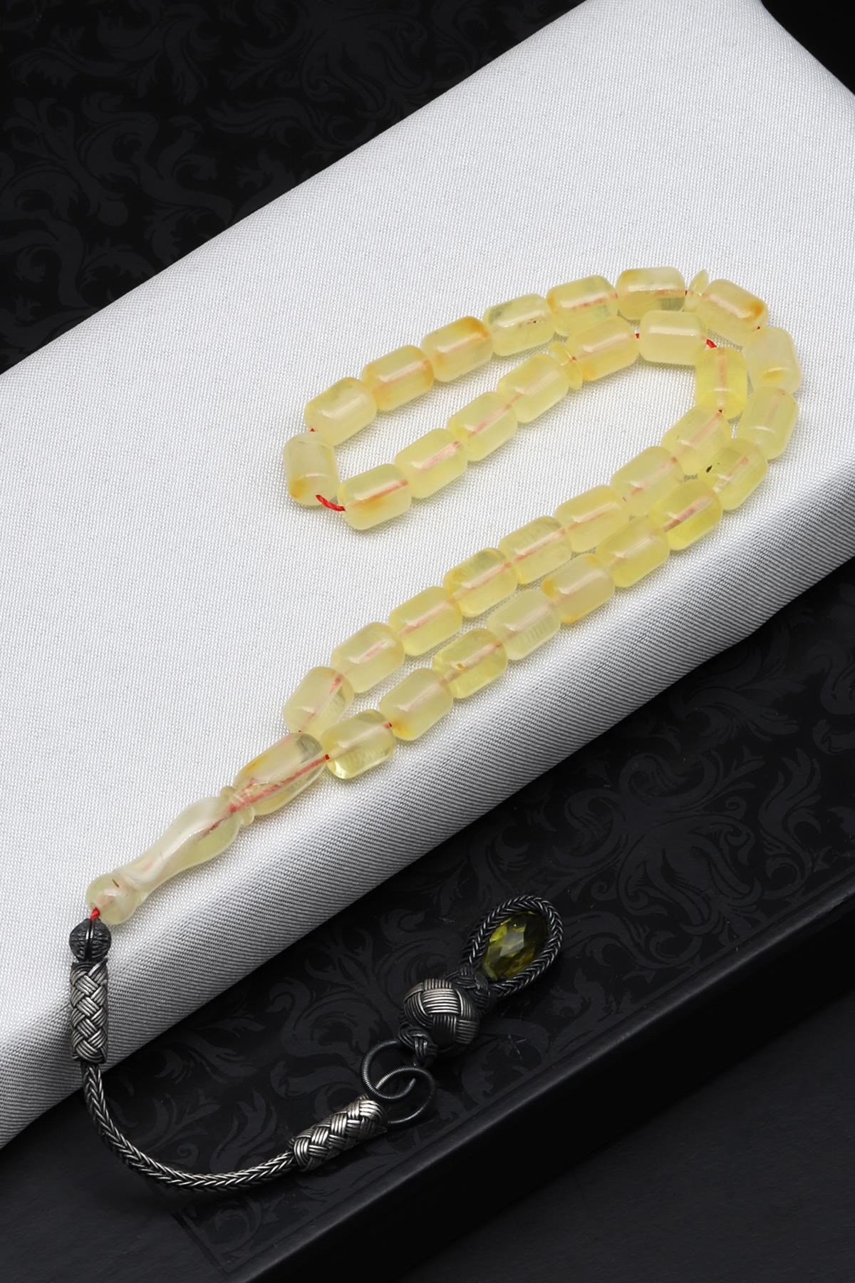 1000 Ayar Gümüş El Örmesi Kazaz Püsküllü 6 x 8 mm Kehribar Tesbih
