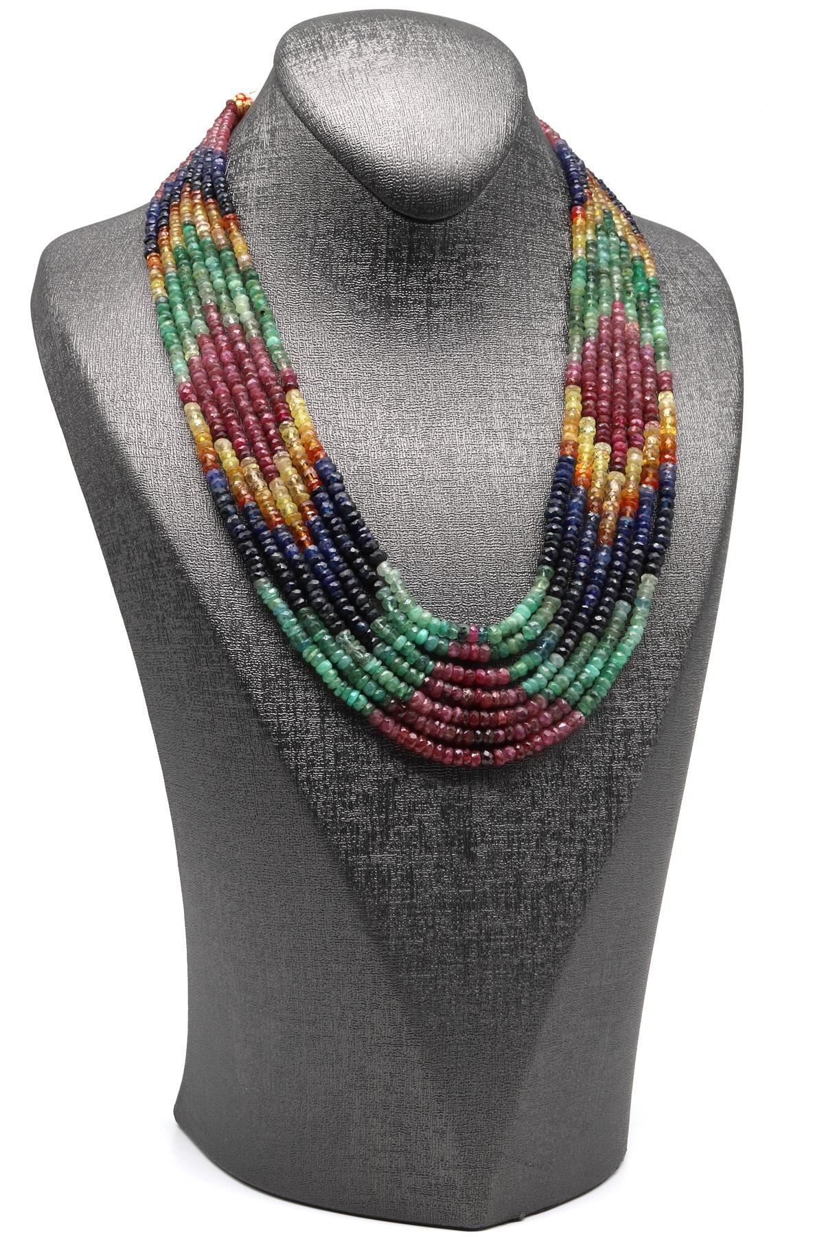 7 Sıralı Yakut-Safir-Zümrüt Multi Color Kolye 