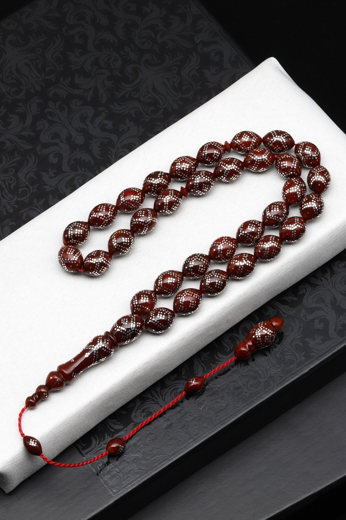 925 Ayar Gümüş İşlemeli Kuka Ağacı Tesbih 9 x 12 mm Arpa Kesim - T-1872