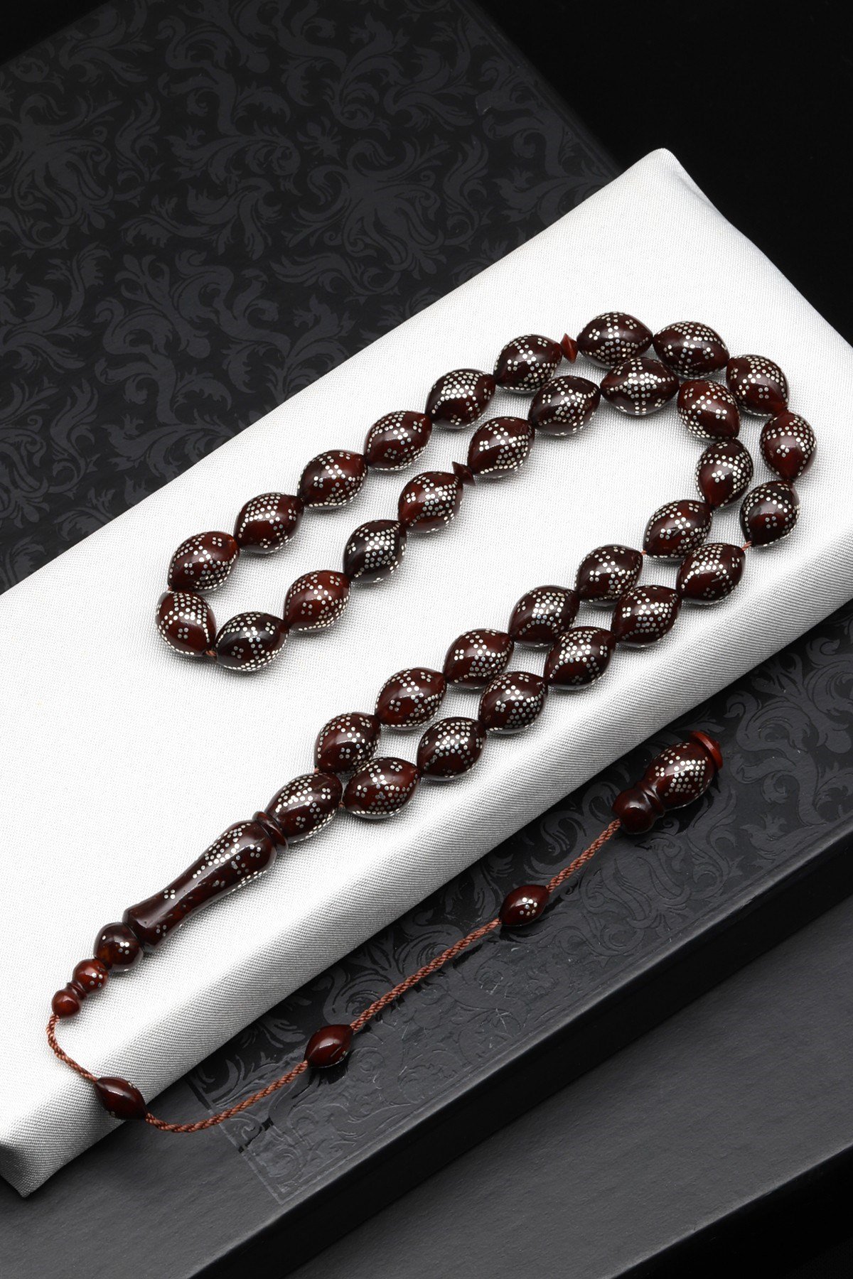 925 Ayar Gümüş İşlemeli Kuka Ağacı Tesbih 9 x 12 mm Arpa Kesim - T-1871