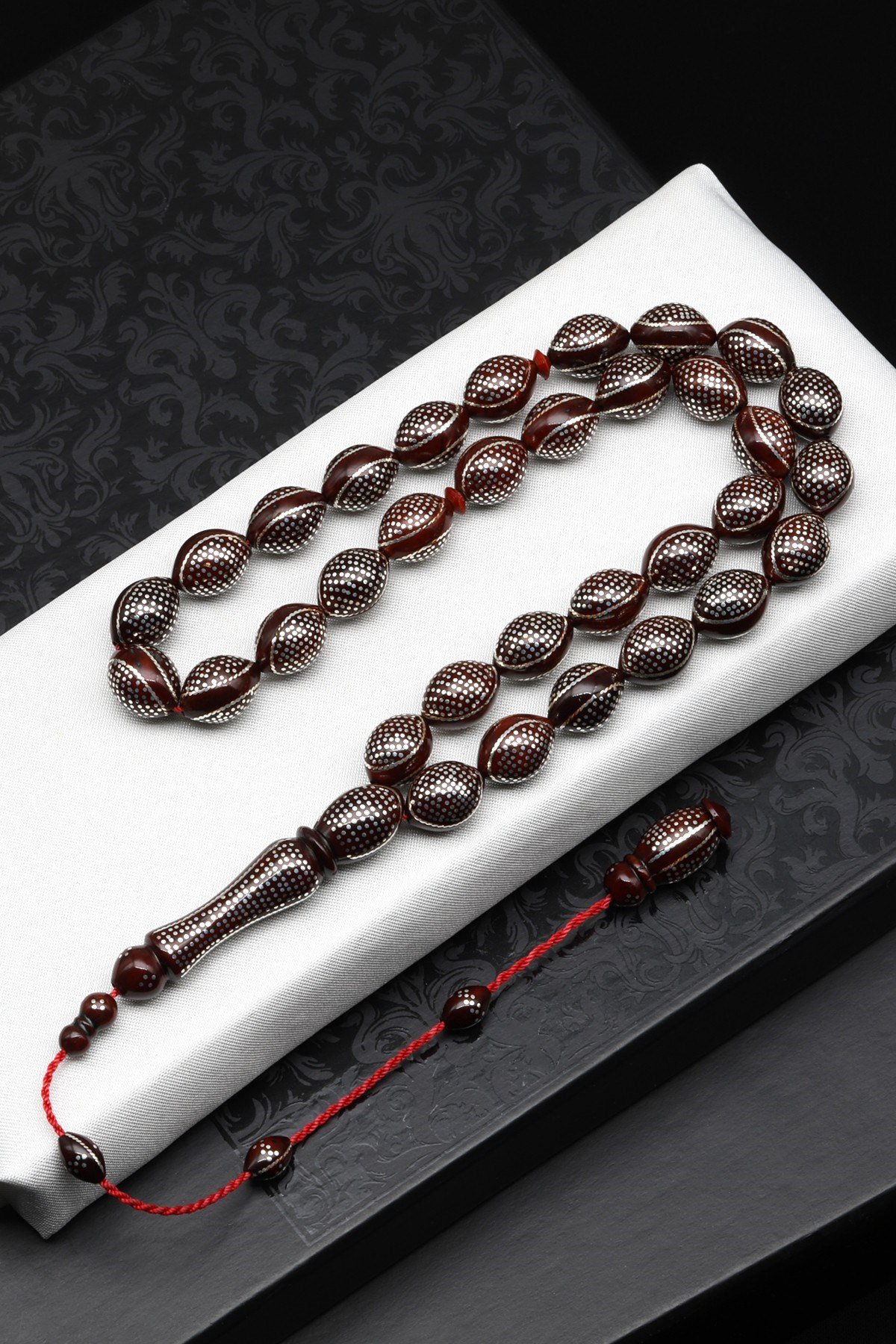 925 Ayar Gümüş İşlemeli Kuka Ağacı Tesbih 9 x 13 mm Arpa Kesim - T-1875