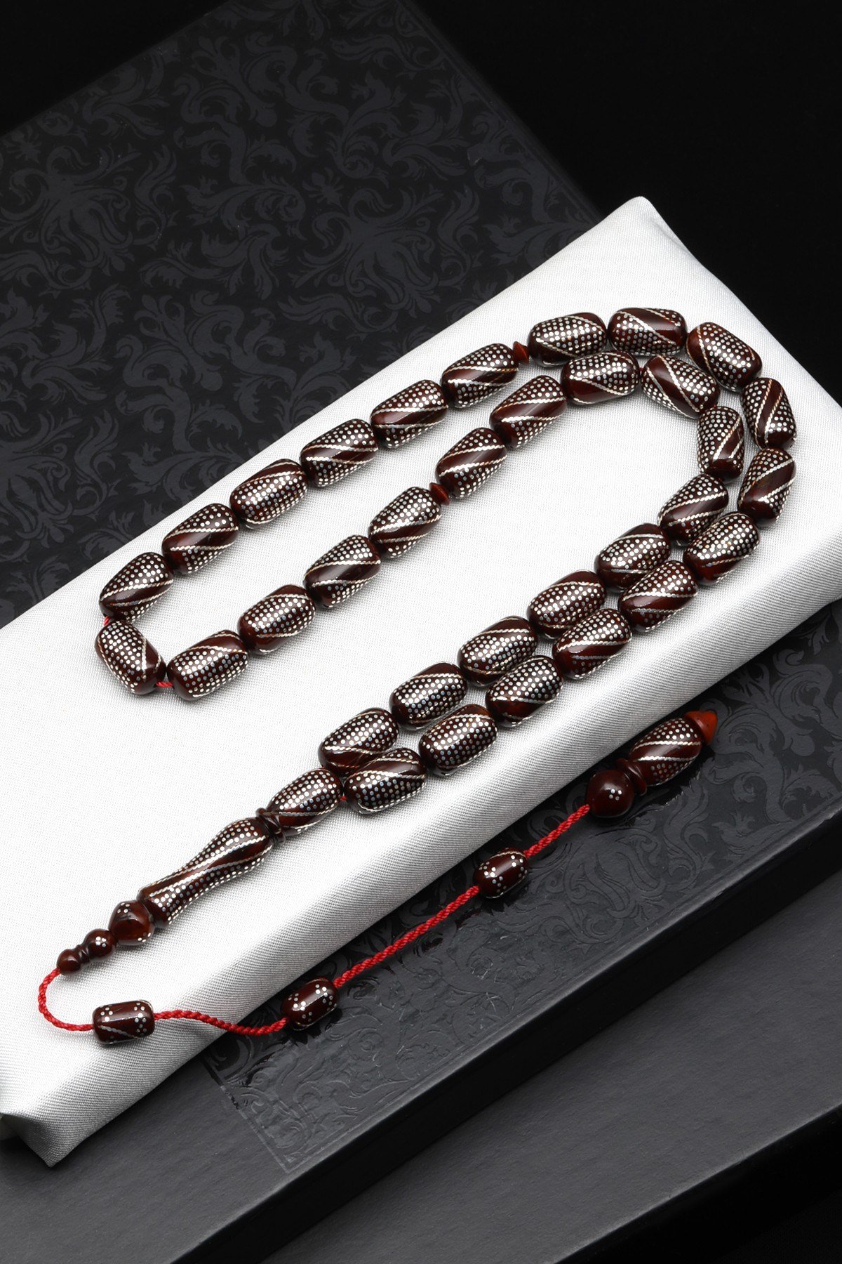925 Ayar Gümüş İşlemeli Kuka Ağacı Tesbih 8 x 13 mm Kapsül Kesim - T-1874