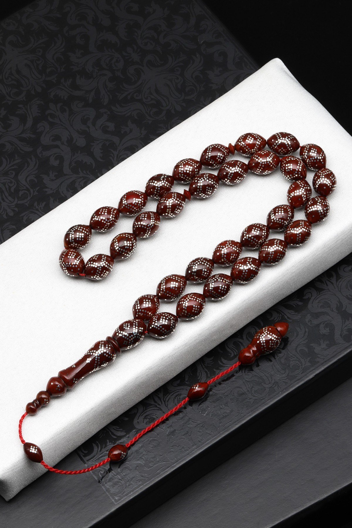 925 Ayar Gümüş İşlemeli Kuka Ağacı Tesbih 9 x 12 mm Arpa Kesim - T-1872