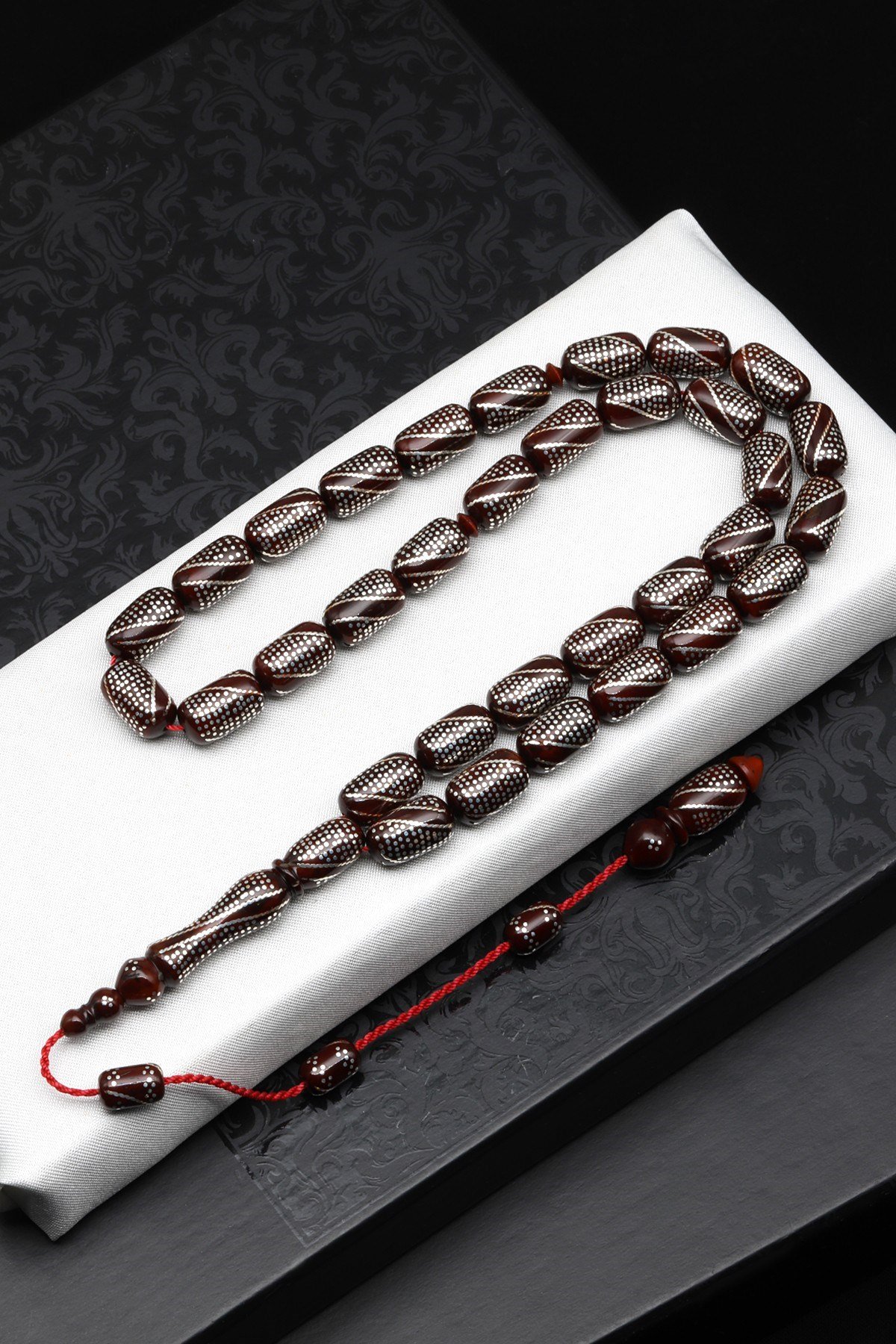 925 Ayar Gümüş İşlemeli Kuka Ağacı Tesbih 8 x 13 mm Kapsül Kesim - T-1874