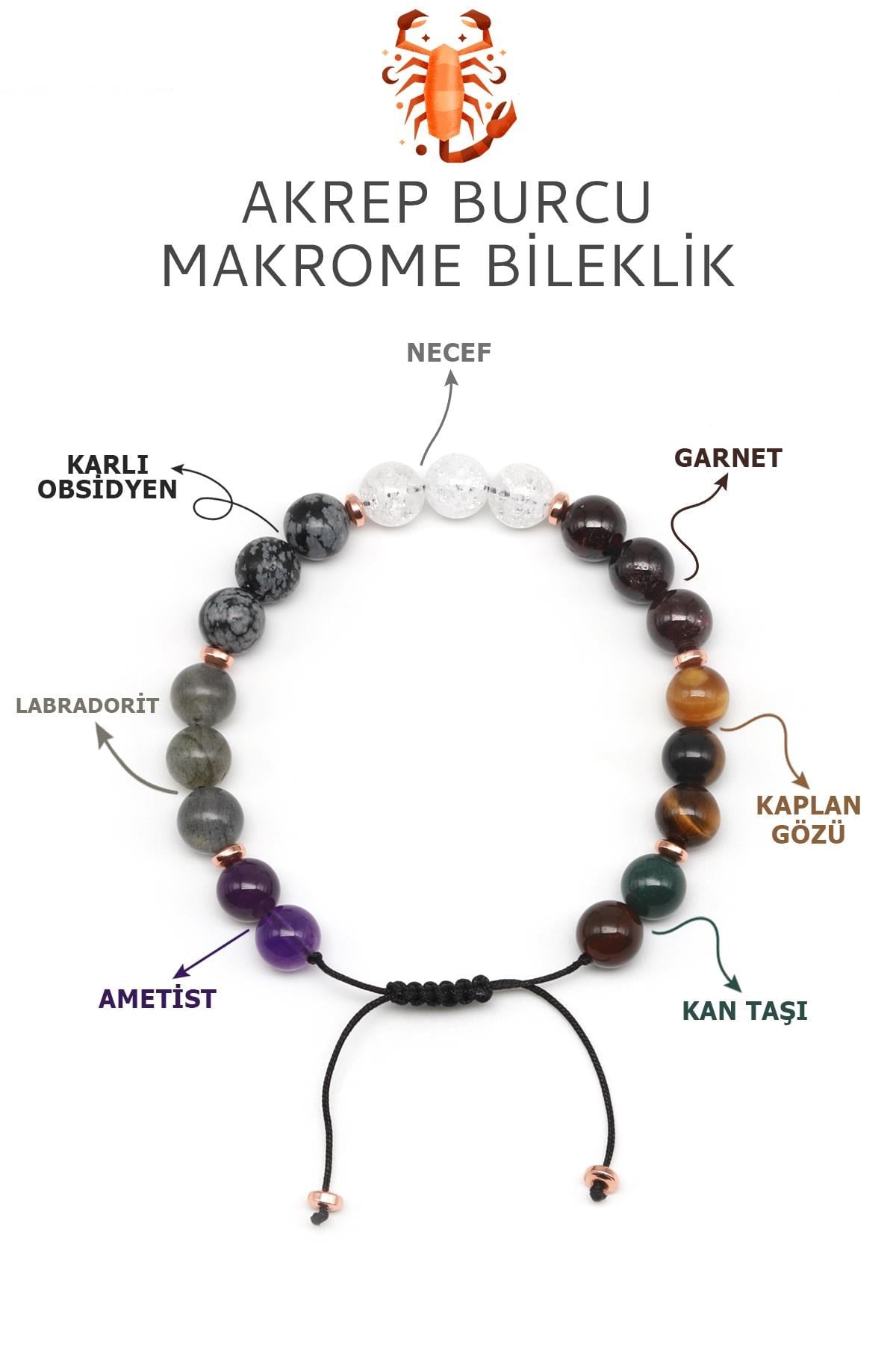 Akrep Burcu Taşlarından Oluşan Doğal Taş Makrome Bileklik 8 mm Küre Kesim - Burç Bilekliği